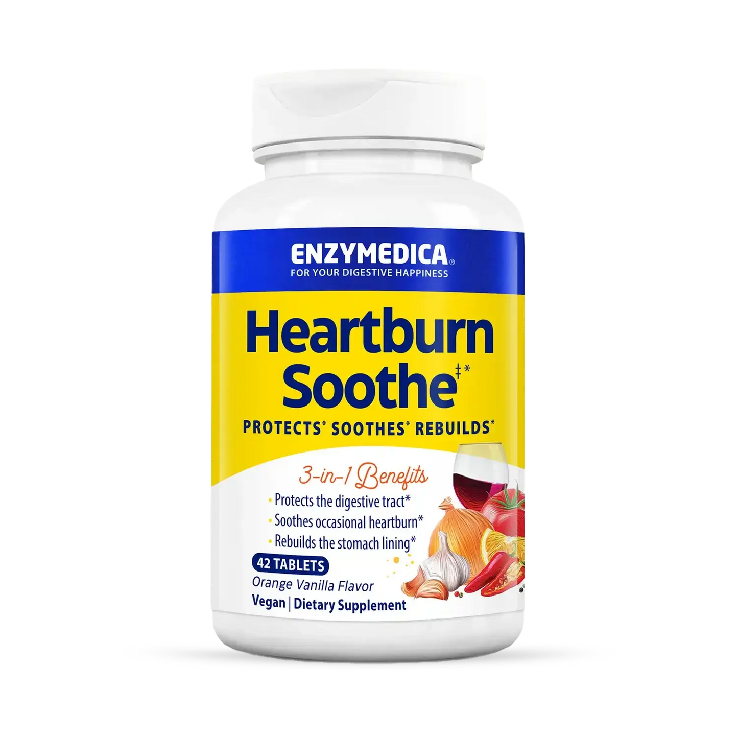 This image shows the container of Heartburn Soothe Chewable that can hold 42 tablets.