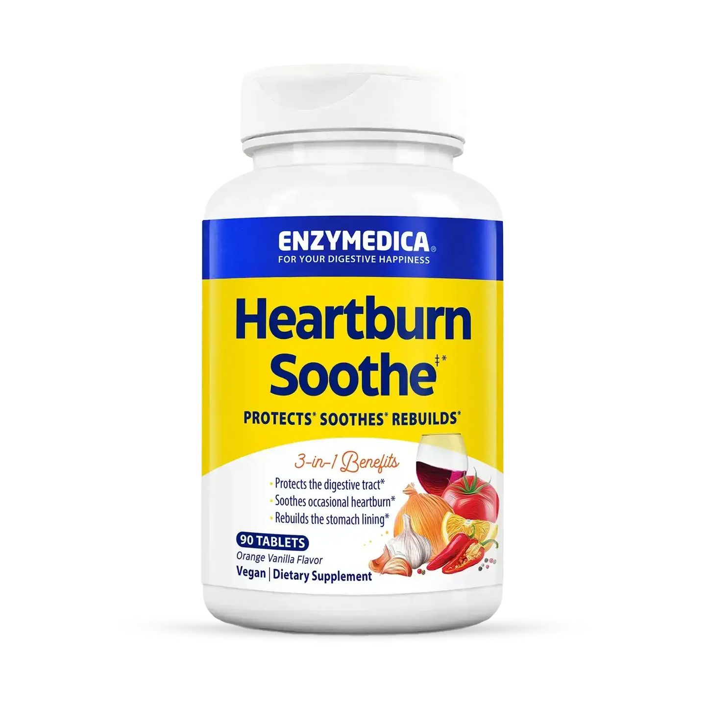 This image shows the container of Heartburn Soothe that holds 90 tablets.