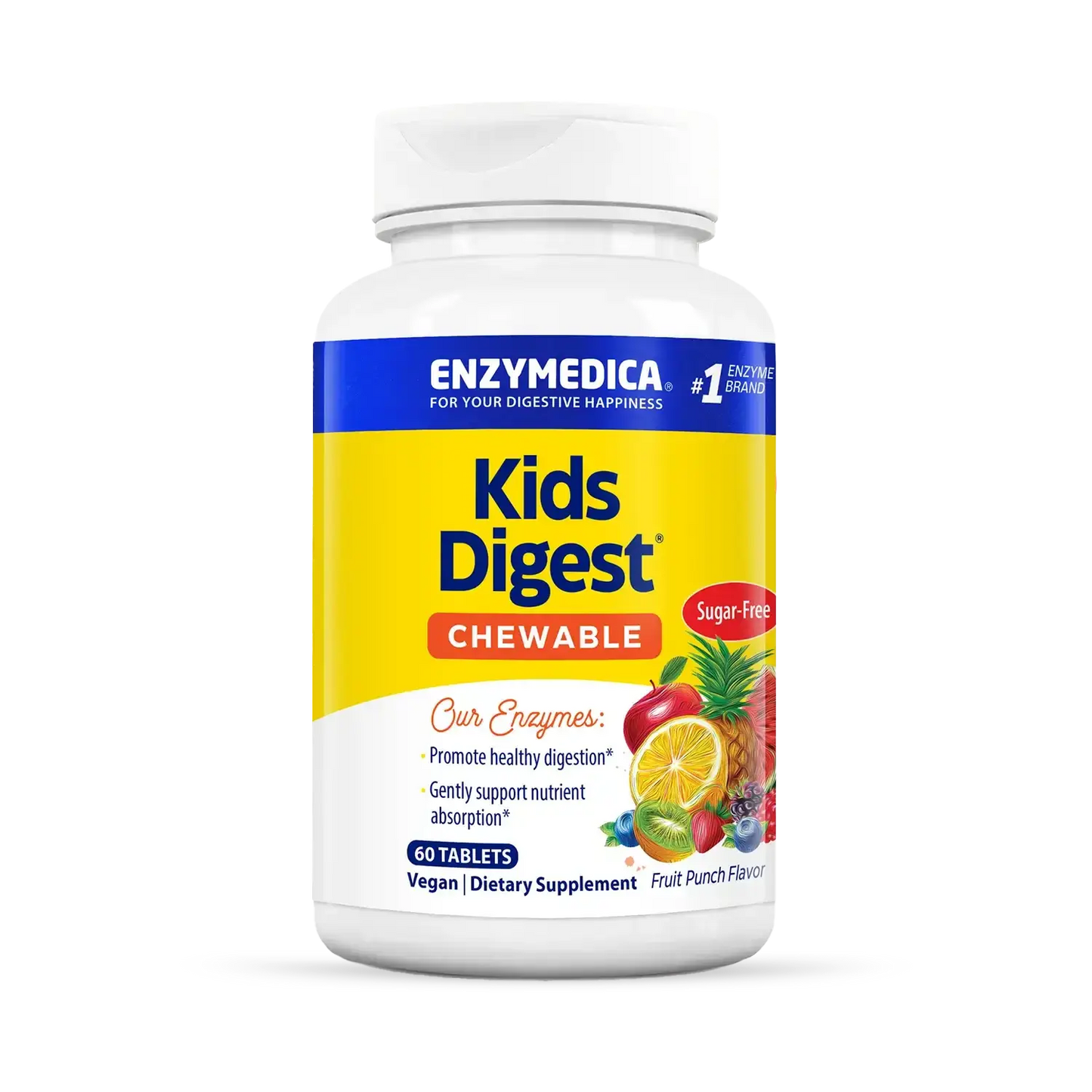 This image shows a container of Kids Digest Chewable that holds 60 tablets.