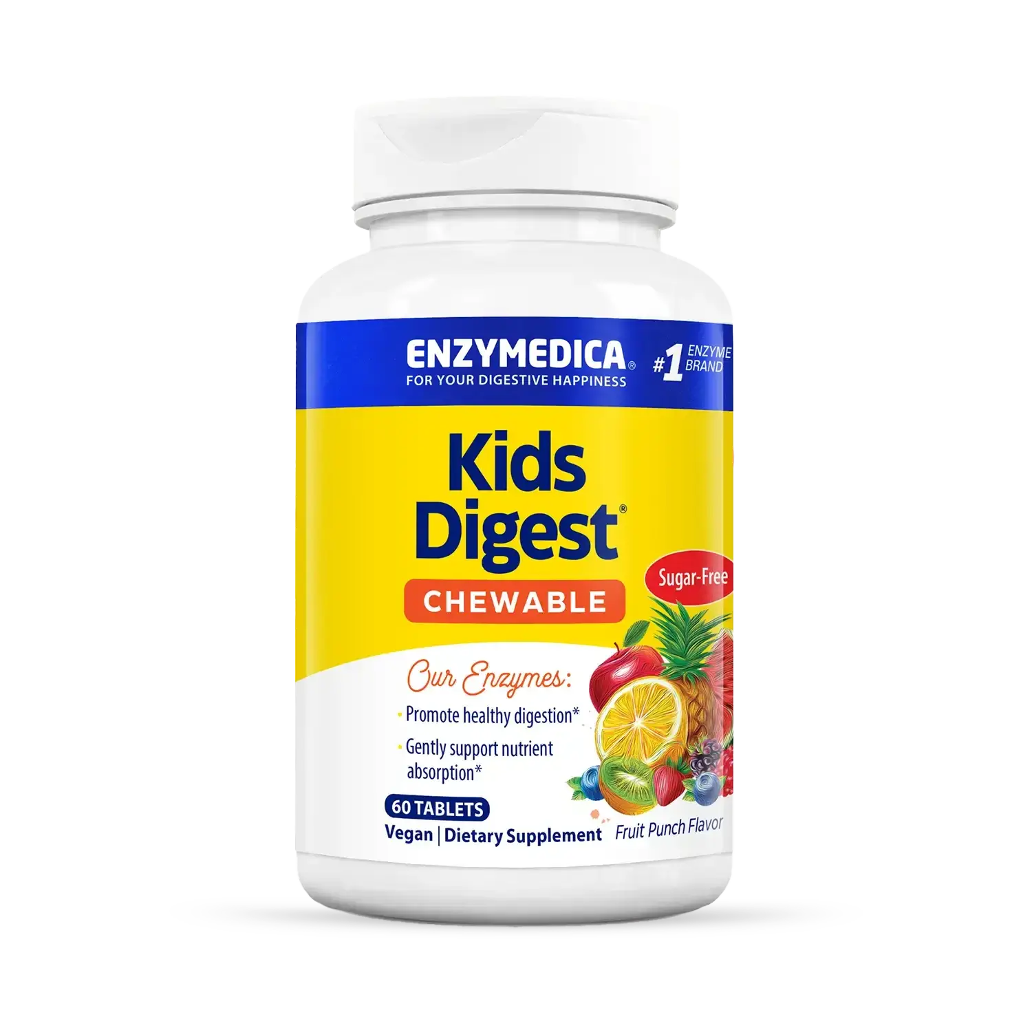 This image shows a container of Kids Digest Chewable that holds 60 tablets.