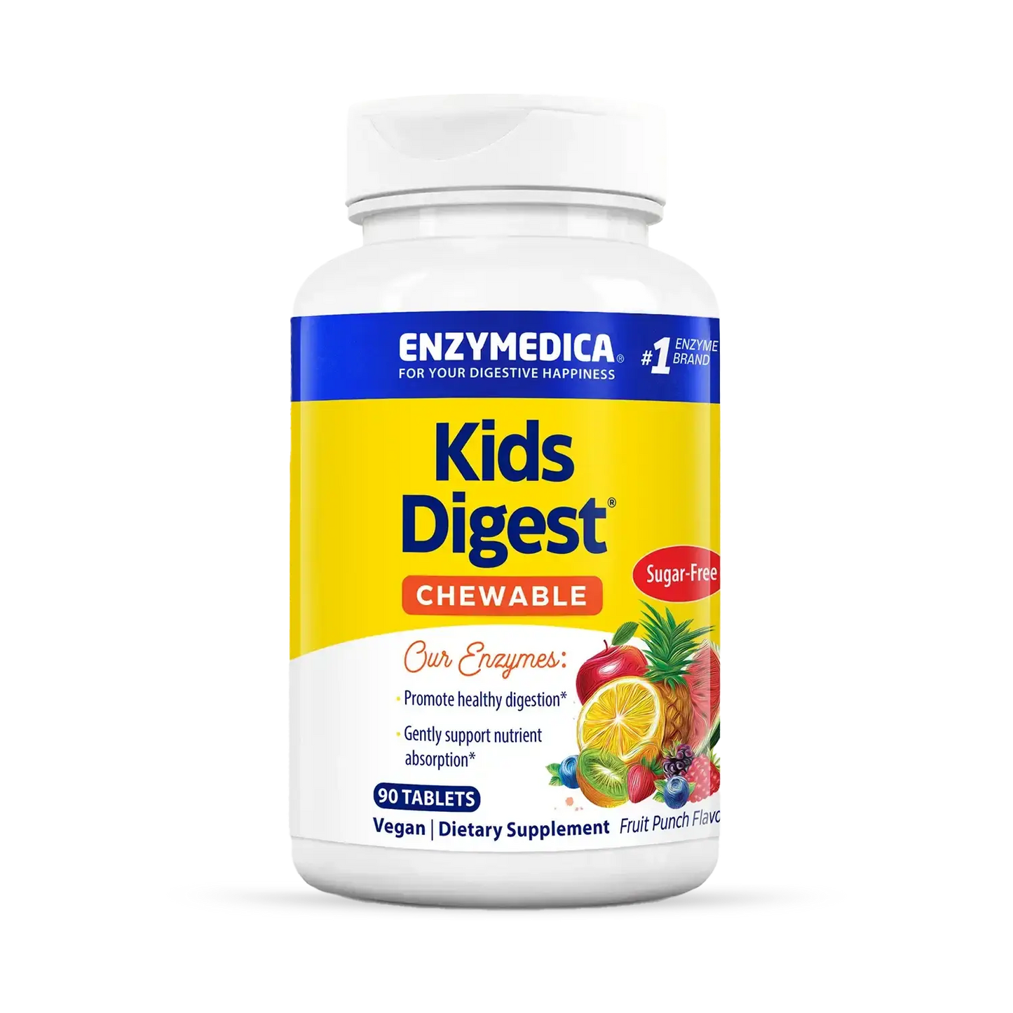 This image shows a container of Kids Digest Chewable that holds 90 tablets.