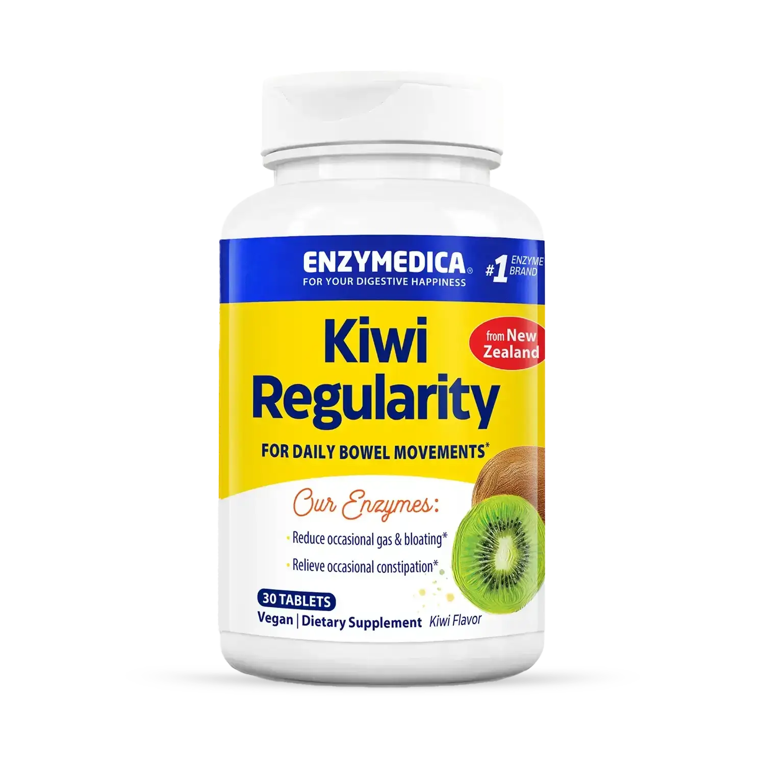 This image shows a container of Kiwi Regularity that holds 30 tablets.