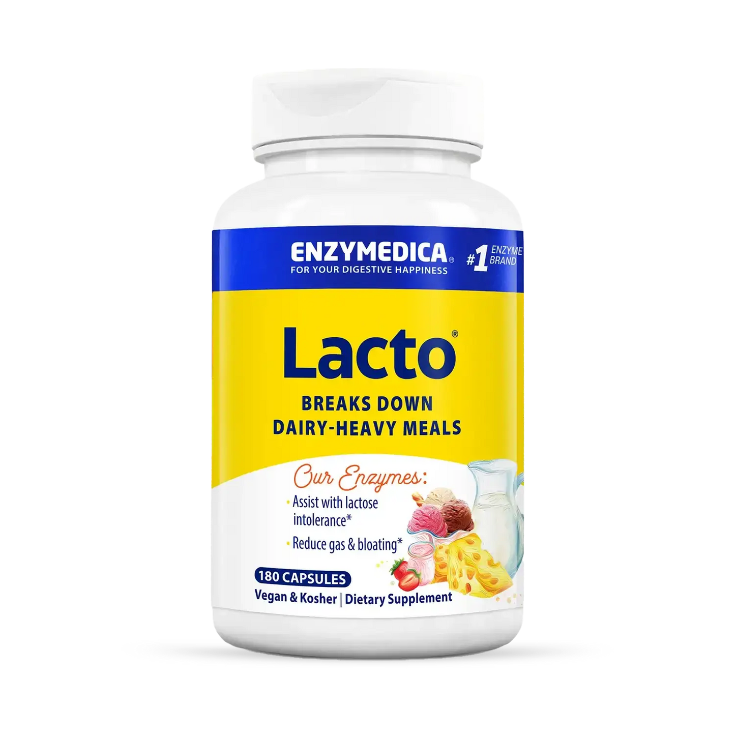 This image shows a container of Lacto that holds 180 capsules.