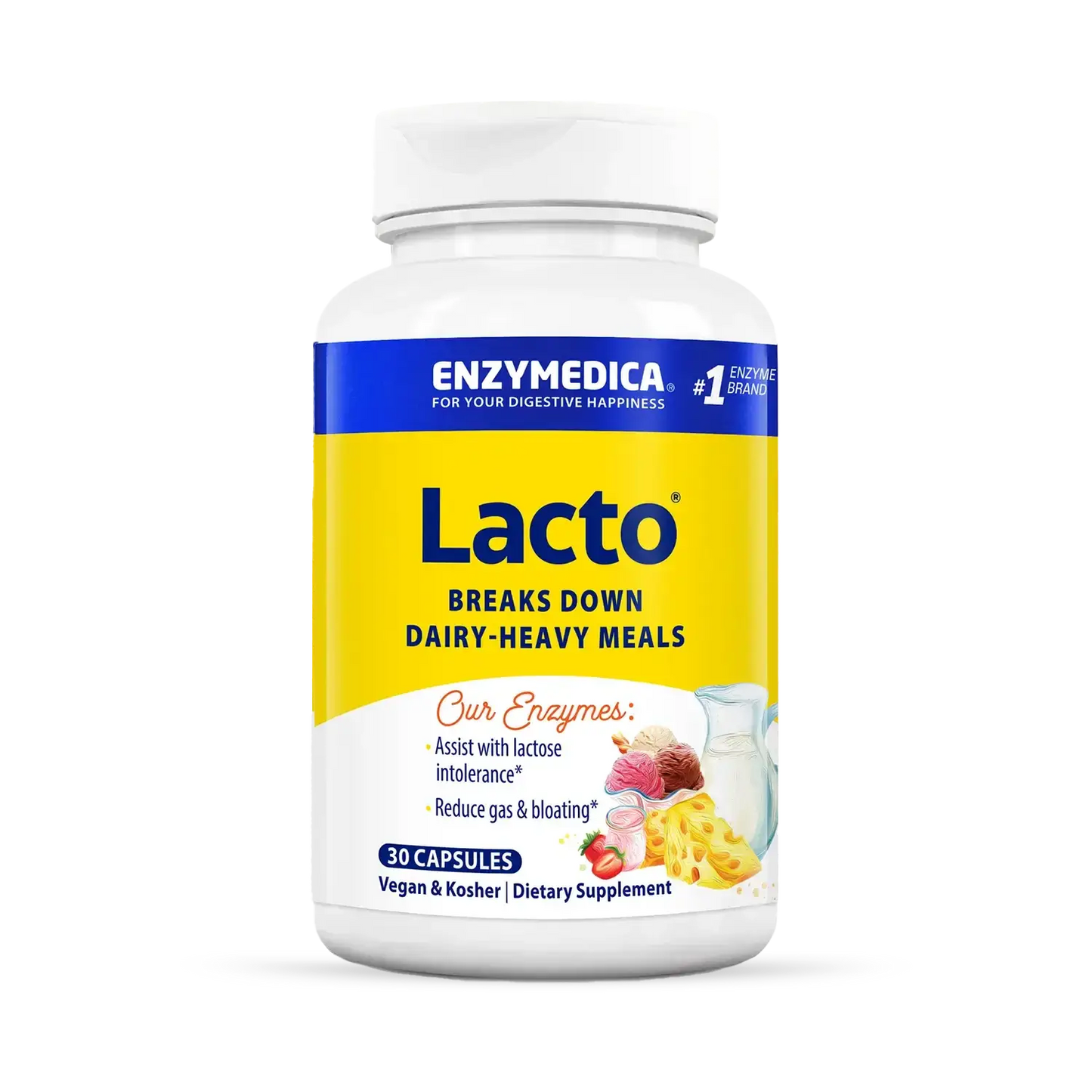 This image shows a container of Lacto that holds 30 capsules.