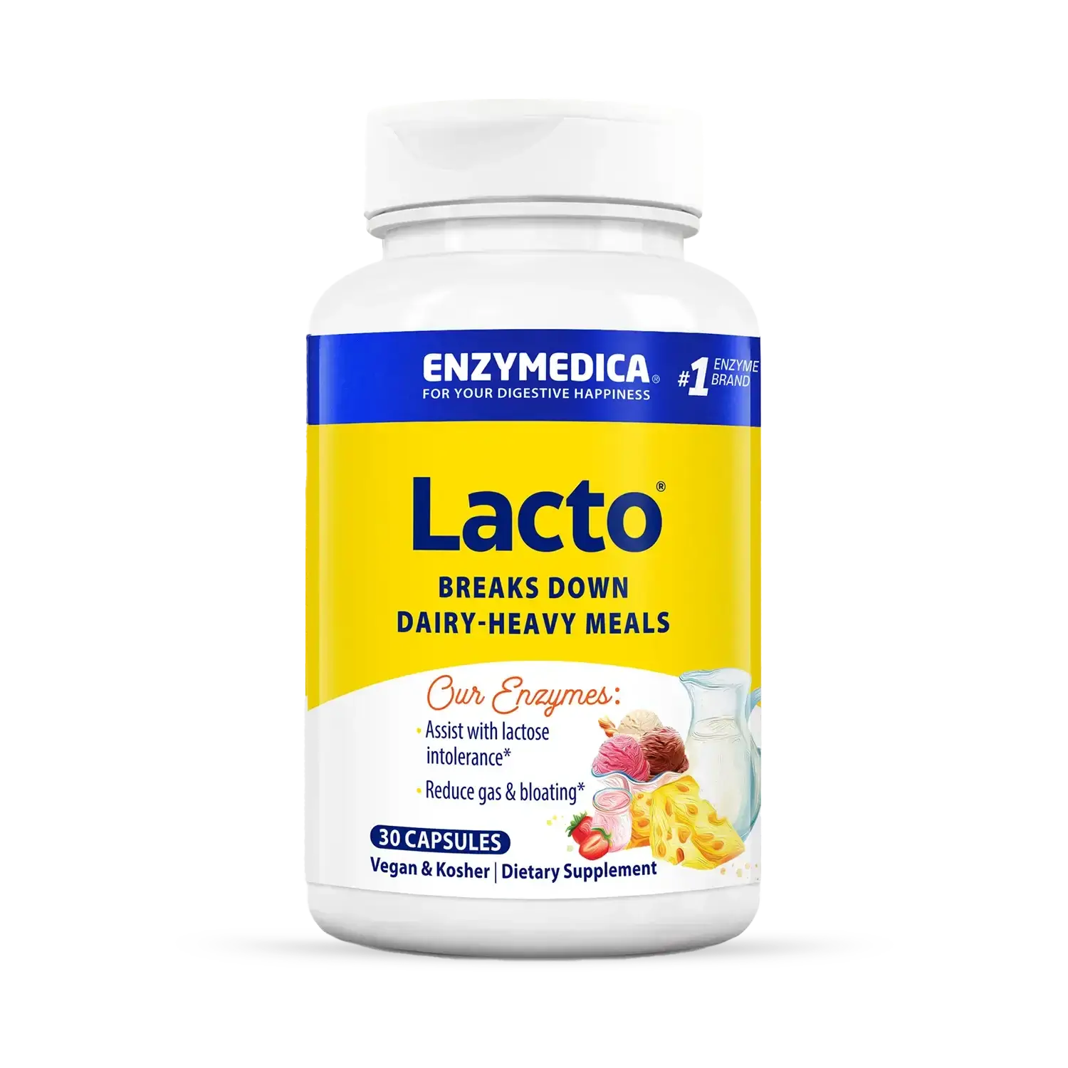 This image shows a container of Lacto that holds 30 capsules.
