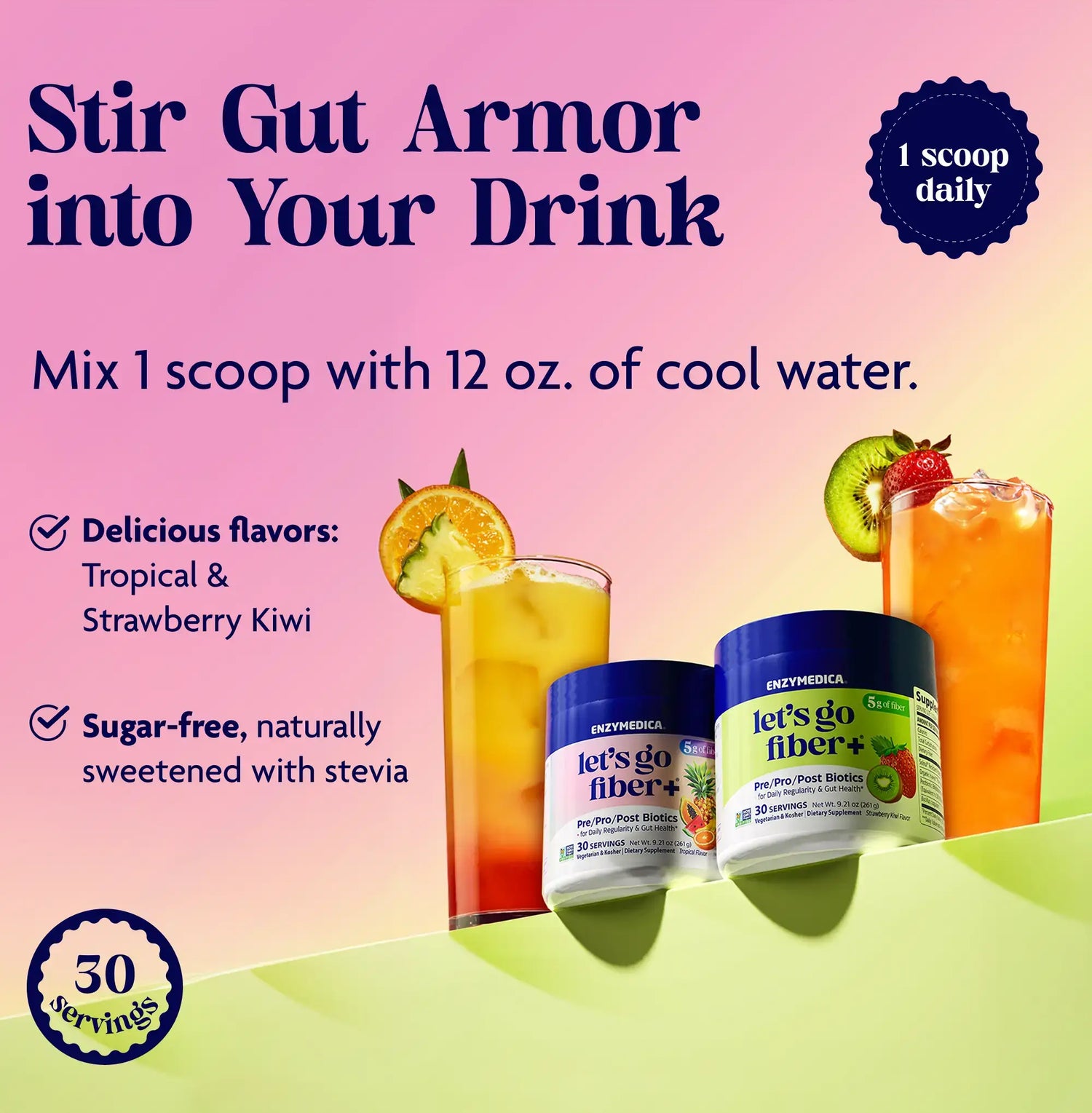 Stir Gut Armor into Your Drink Lets Go Fiber Strawberry Kiwi infographic.