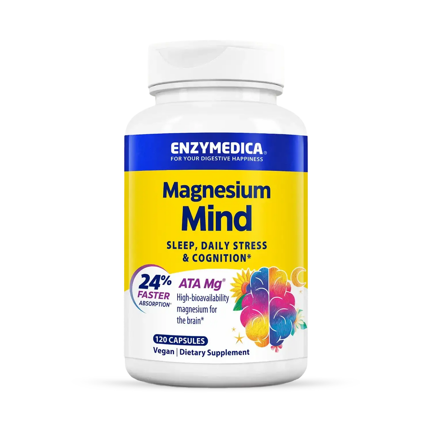 This image shows a container of Magnesium Mind that holds 120 capsules.