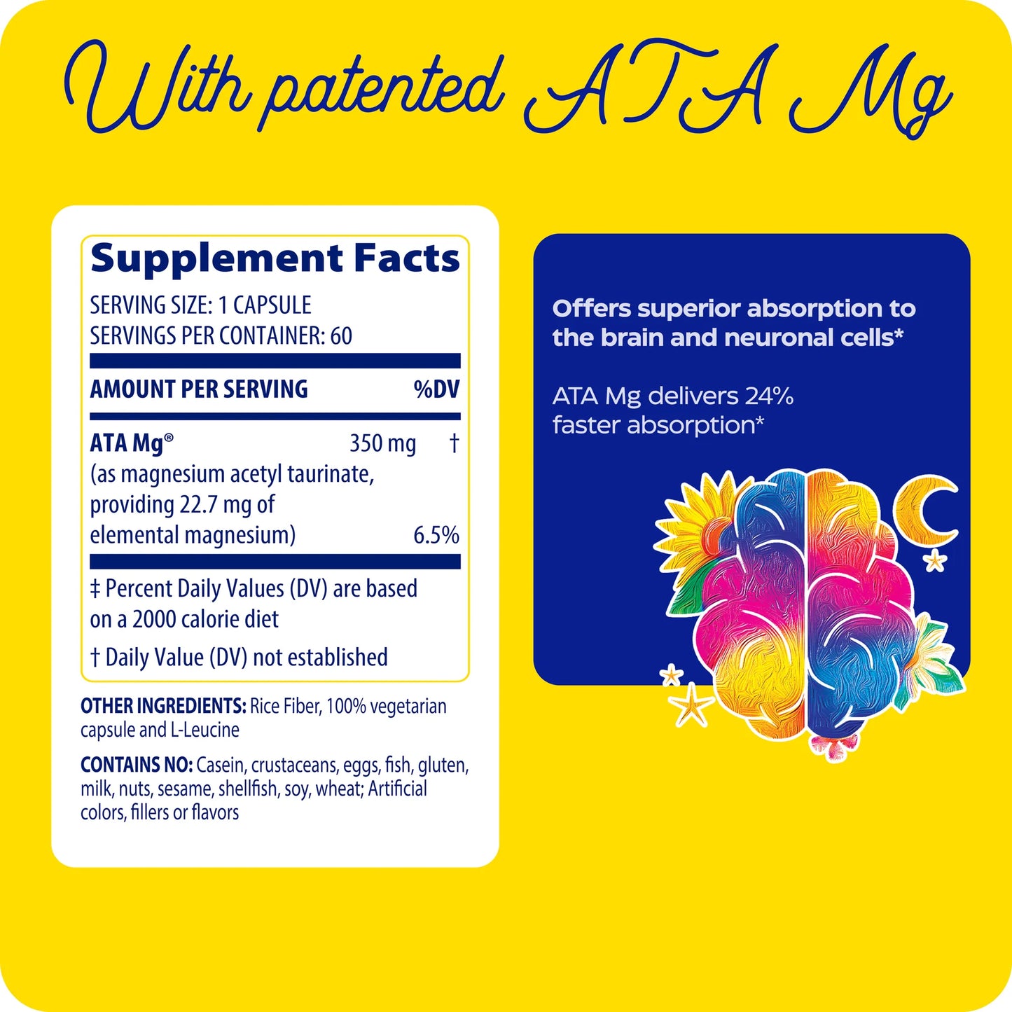Supplement label with ATA Mg on a yellow background