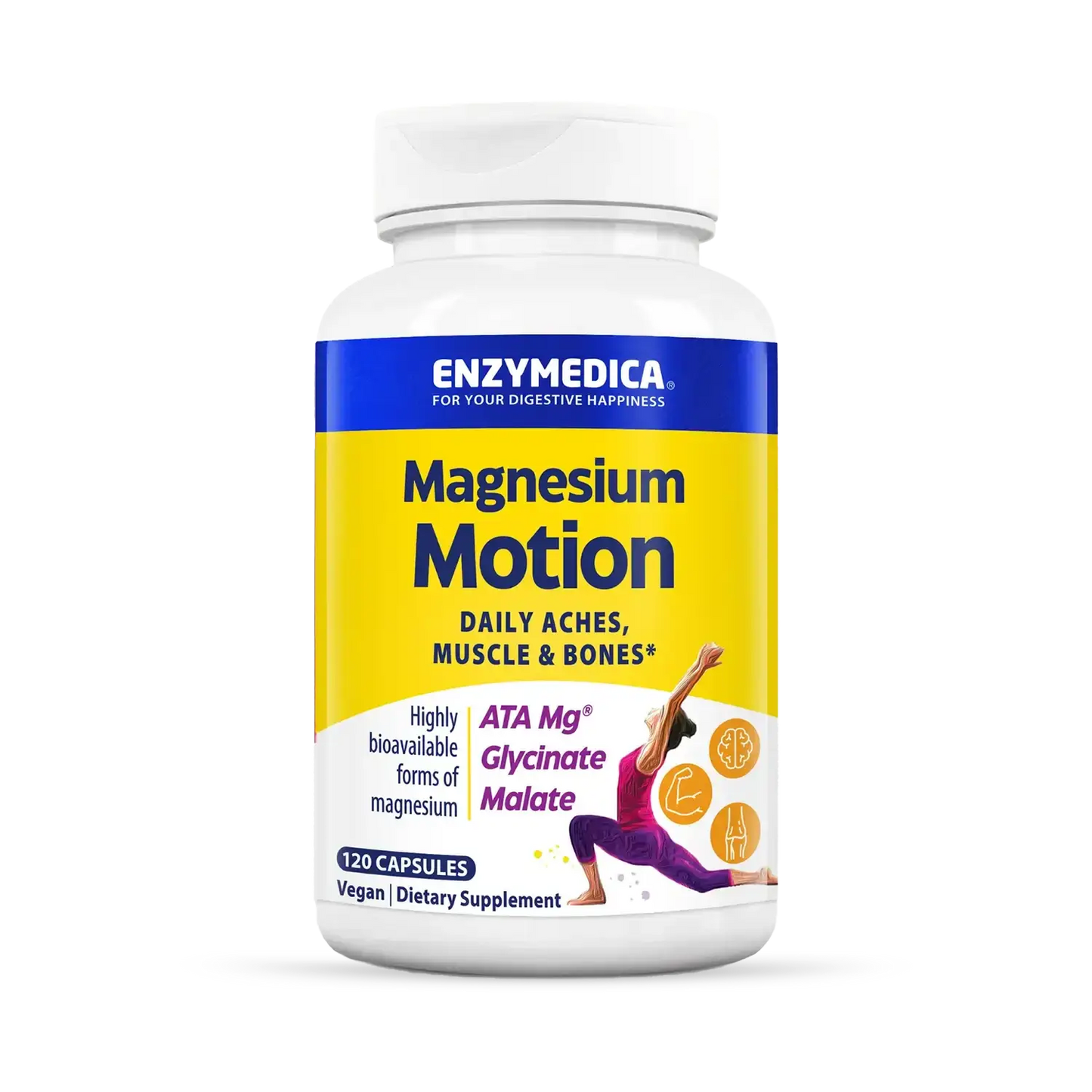 This image shows the container of Magnesium Motion that holds 120 capsules.