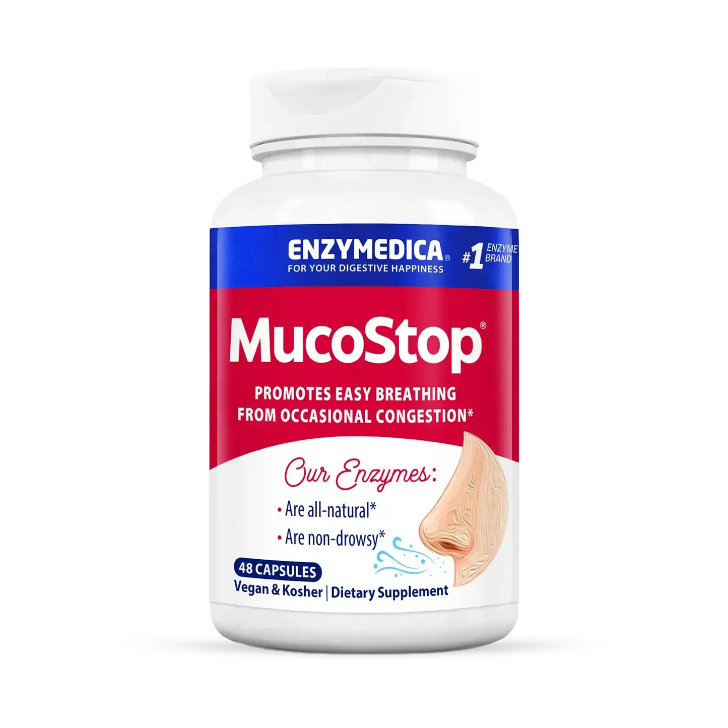 This image shows a container of MucoStop that can hold 48 capsules.