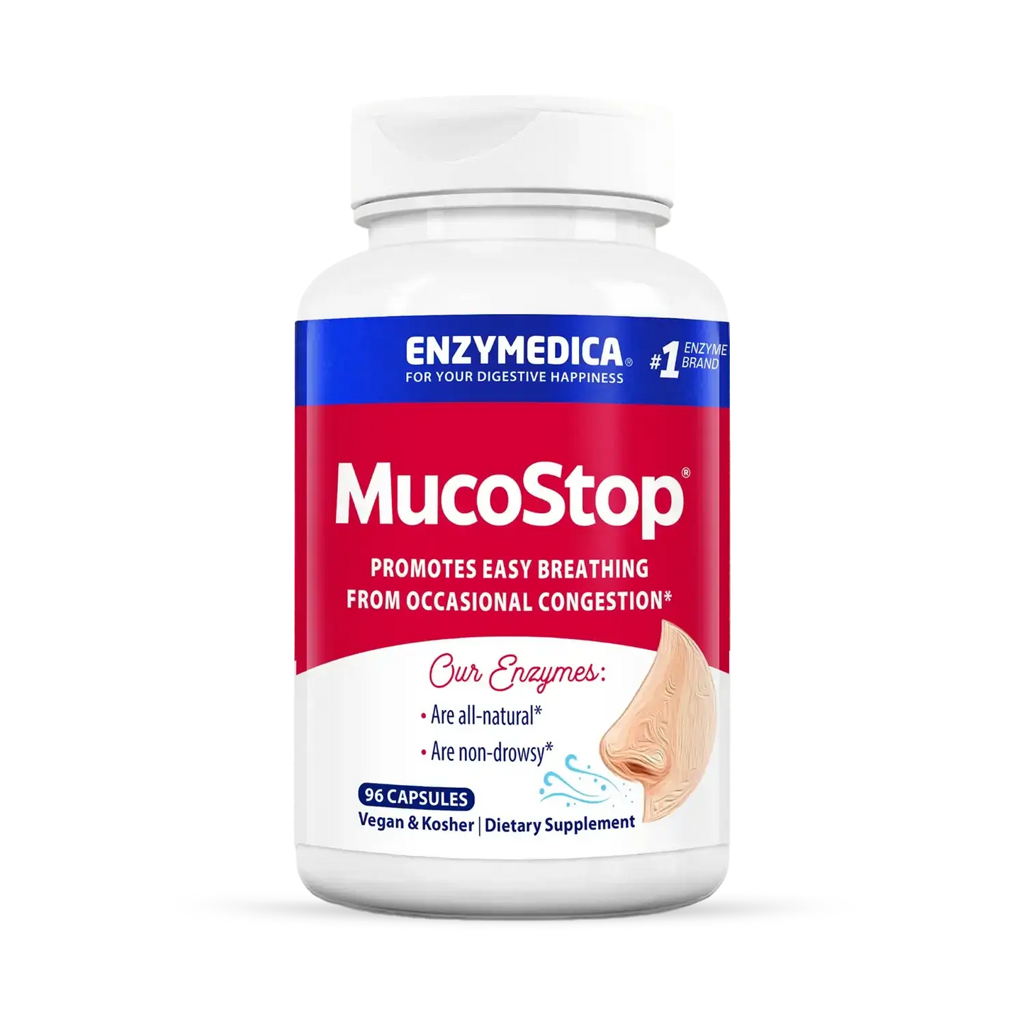 This image shows the container of MucoStop that can hold 96 capsules.
