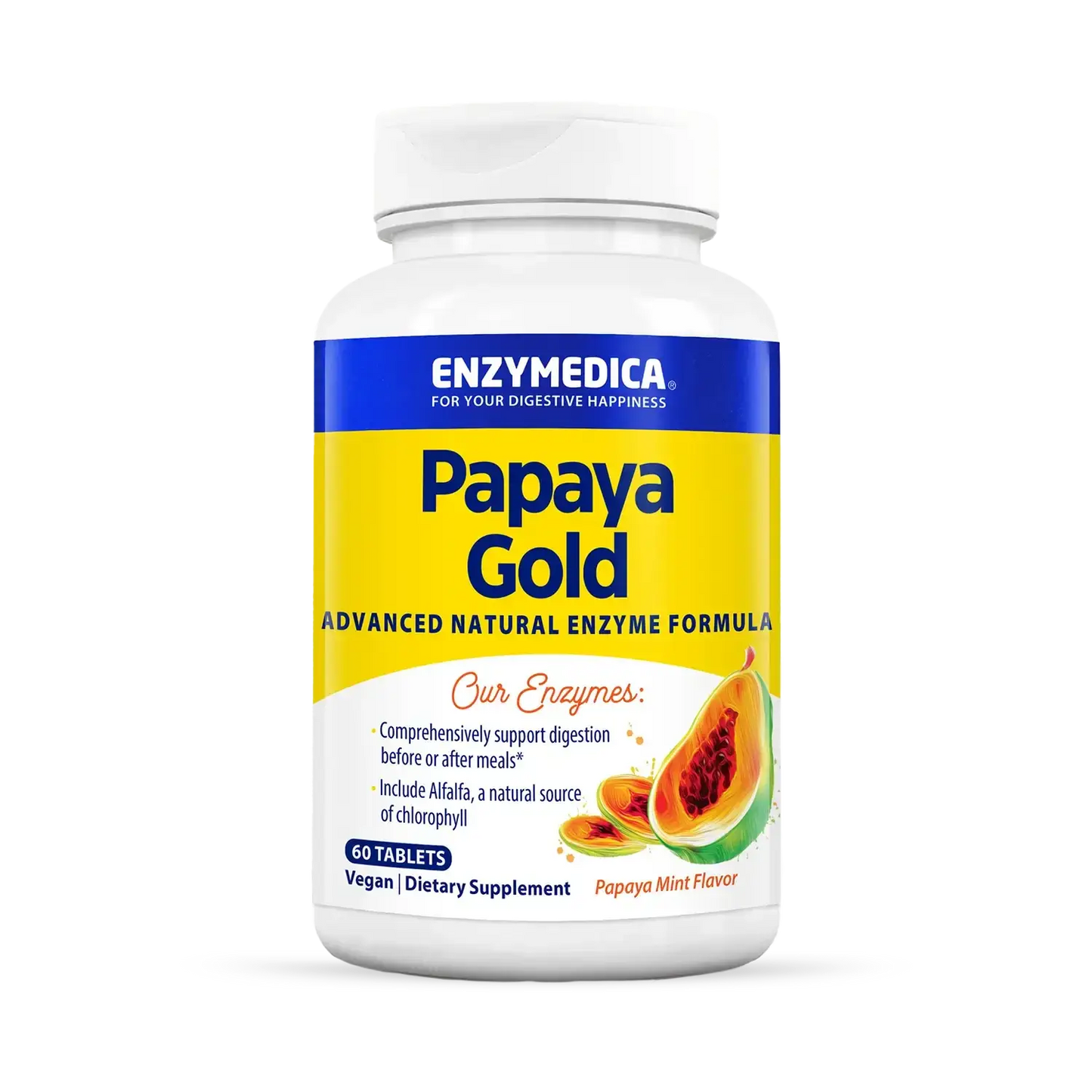 This image shows a container of Papaya Gold that holds 60 tablets.