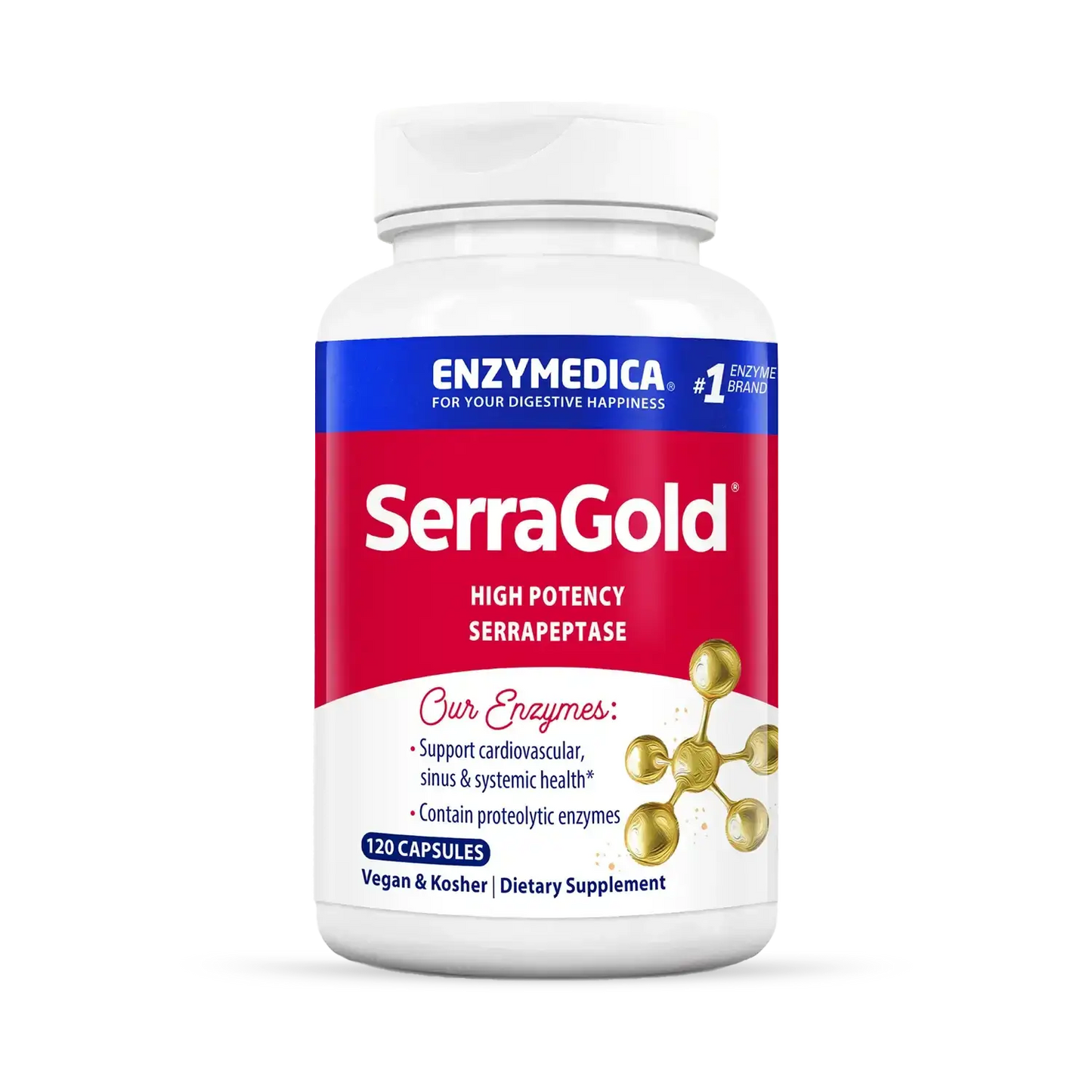 This image shows a 120 capsule bottle of SerraGold.