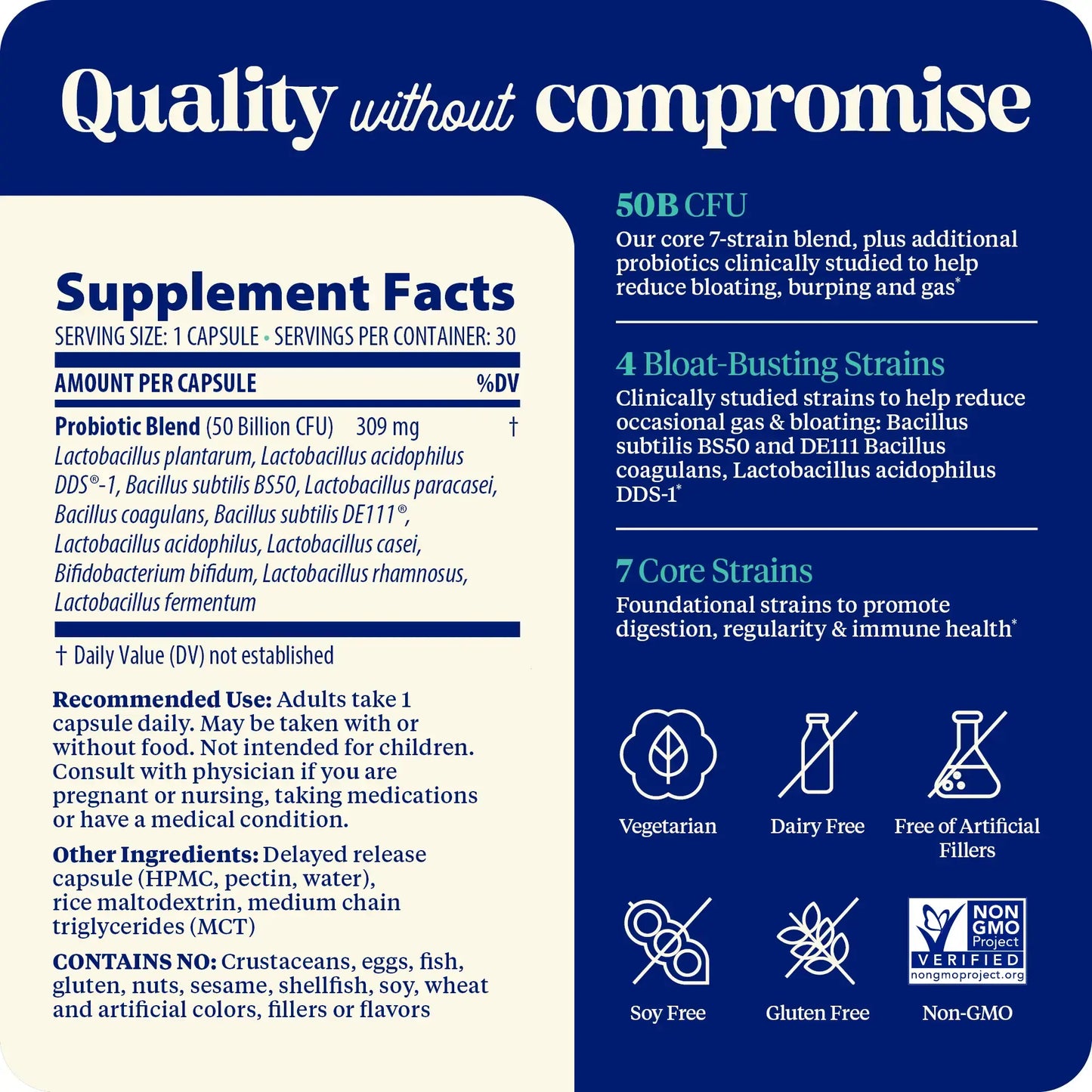 This image shows the supplement facts and quality without compromise for subculture bloat.