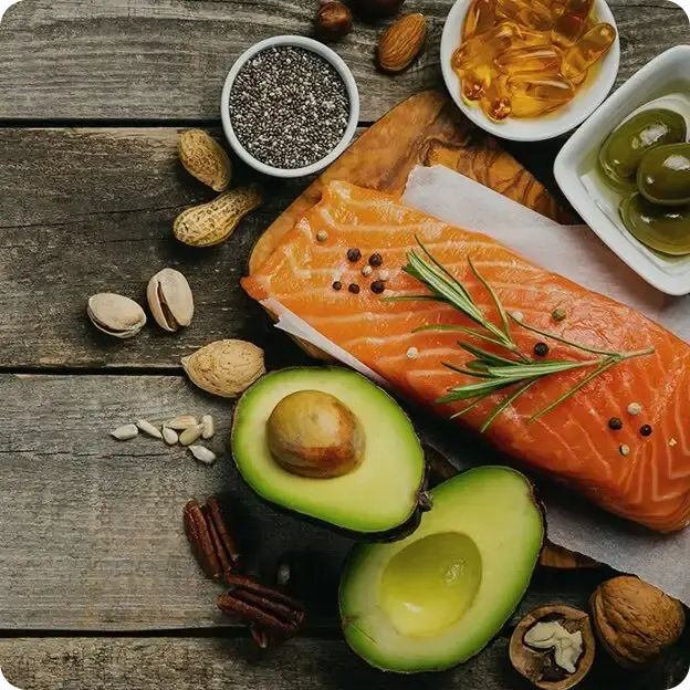 Salmon, avocado, seasoning , digest basic pills, olives.