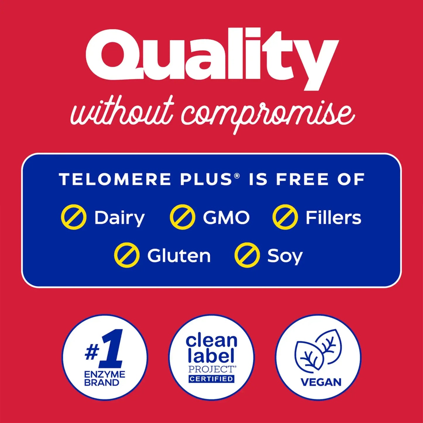 This image shows the quality and what Telomere Plus is free of.
