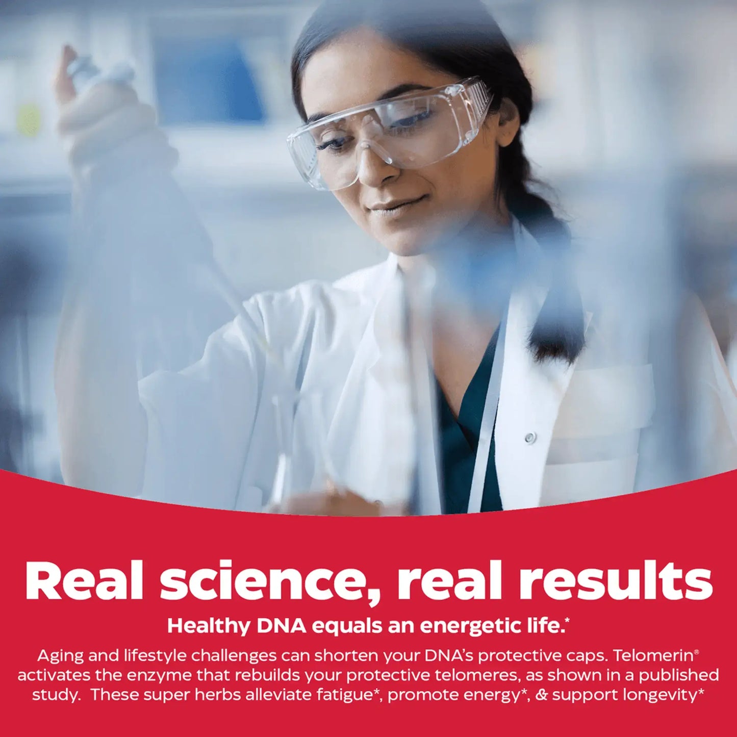 This is an image of Telomere plus. A scientist is shown with real results.