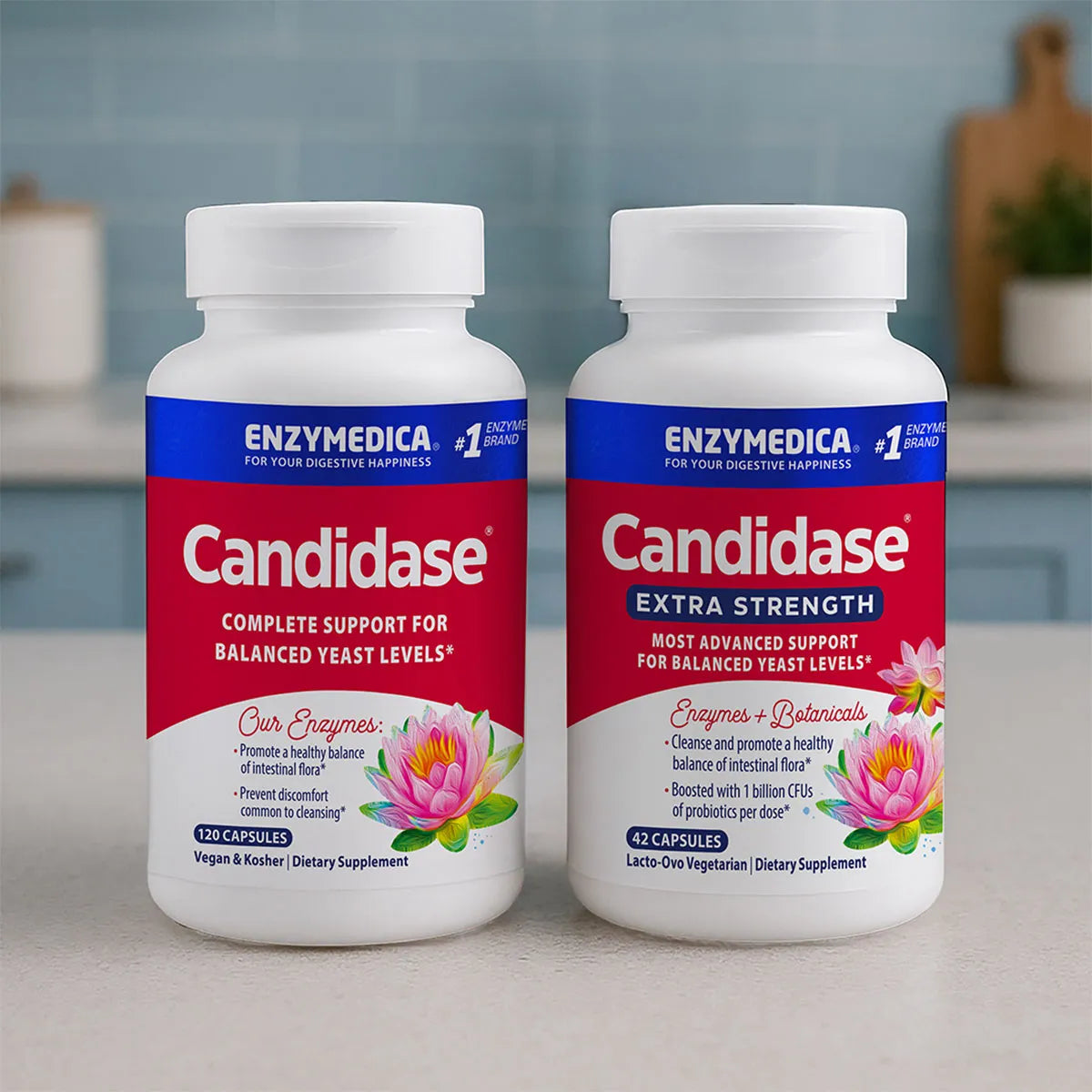 Two bottles of Enzymedica Candidase supplements—Candidase and Candidase Extra Strength—displayed on a countertop, labeled for balanced yeast level support.