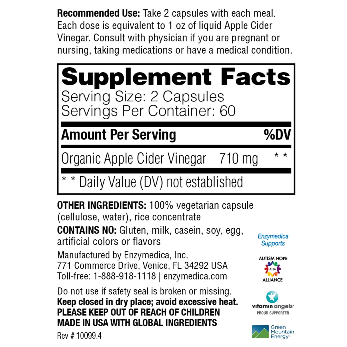 This image shows the supplement facts for Apple Cider Vinegar.