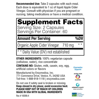 This image shows the supplement facts for Apple Cider Vinegar.