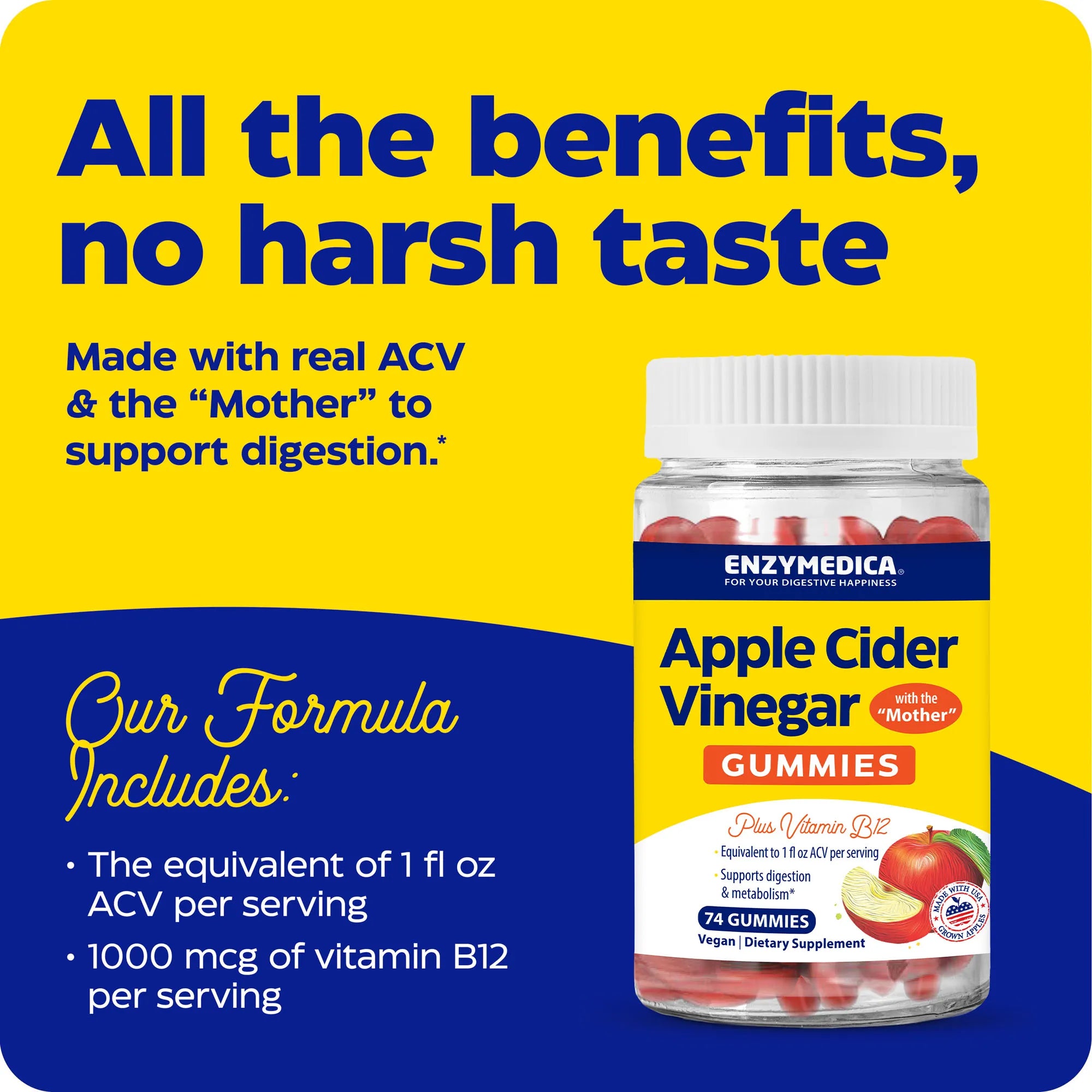 Enzymedica Apple Cider Vinegar Gummies packaging with text on a yellow and blue background