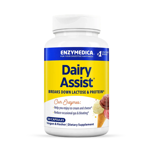 This image shows a bottle of Dairy Assist that holds 30 capsules.