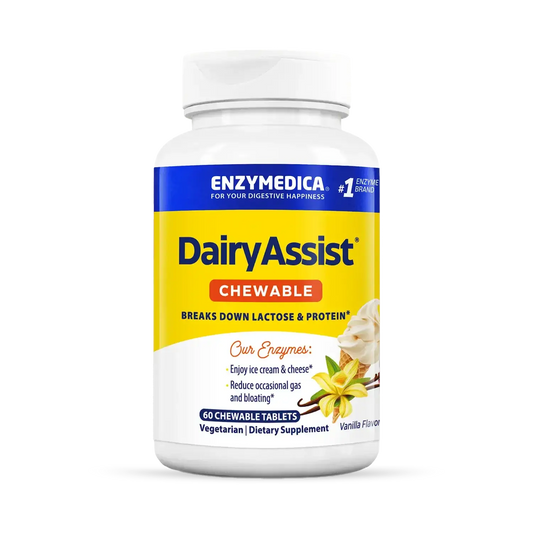 This image shows a bottle of Dairy Assist Chewable that holds 60 chewable tablets.