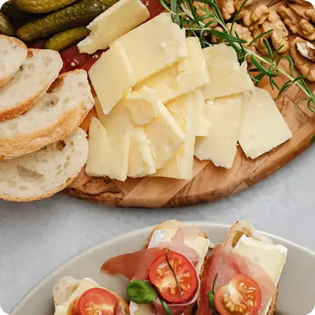 Charcuterie board showing the cheese options.