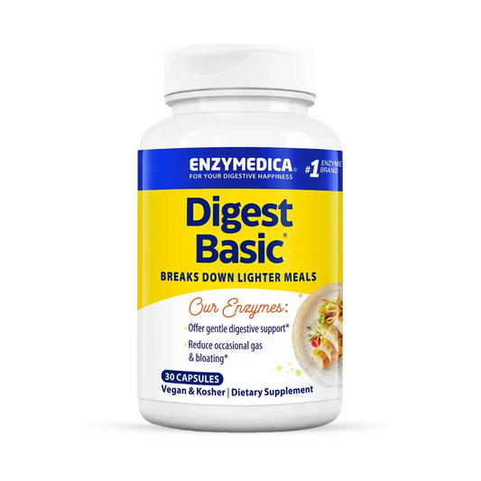 This image shows a bottle of Digest Basic that holds 30 capsules