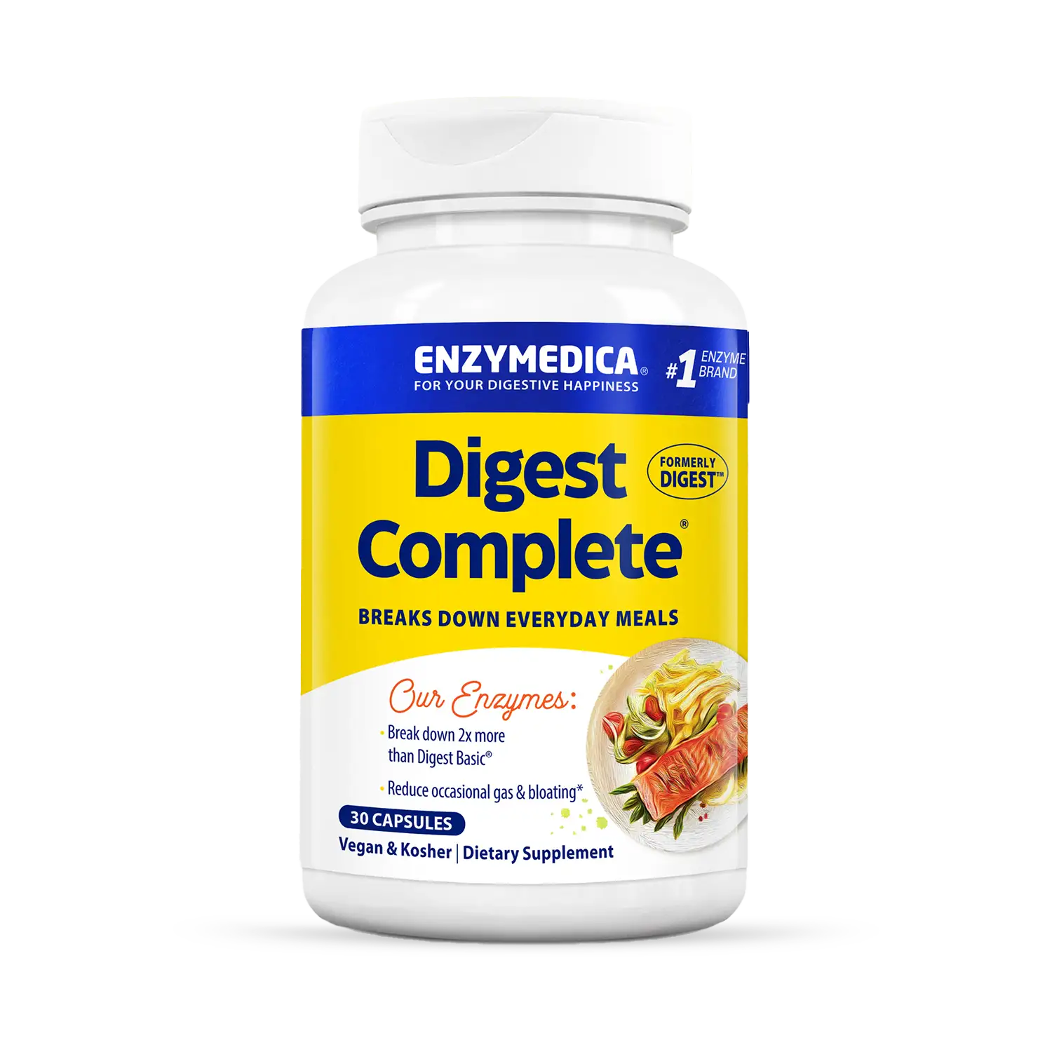 This image shows a bottle of Digest Complete that holds 30 capsules.