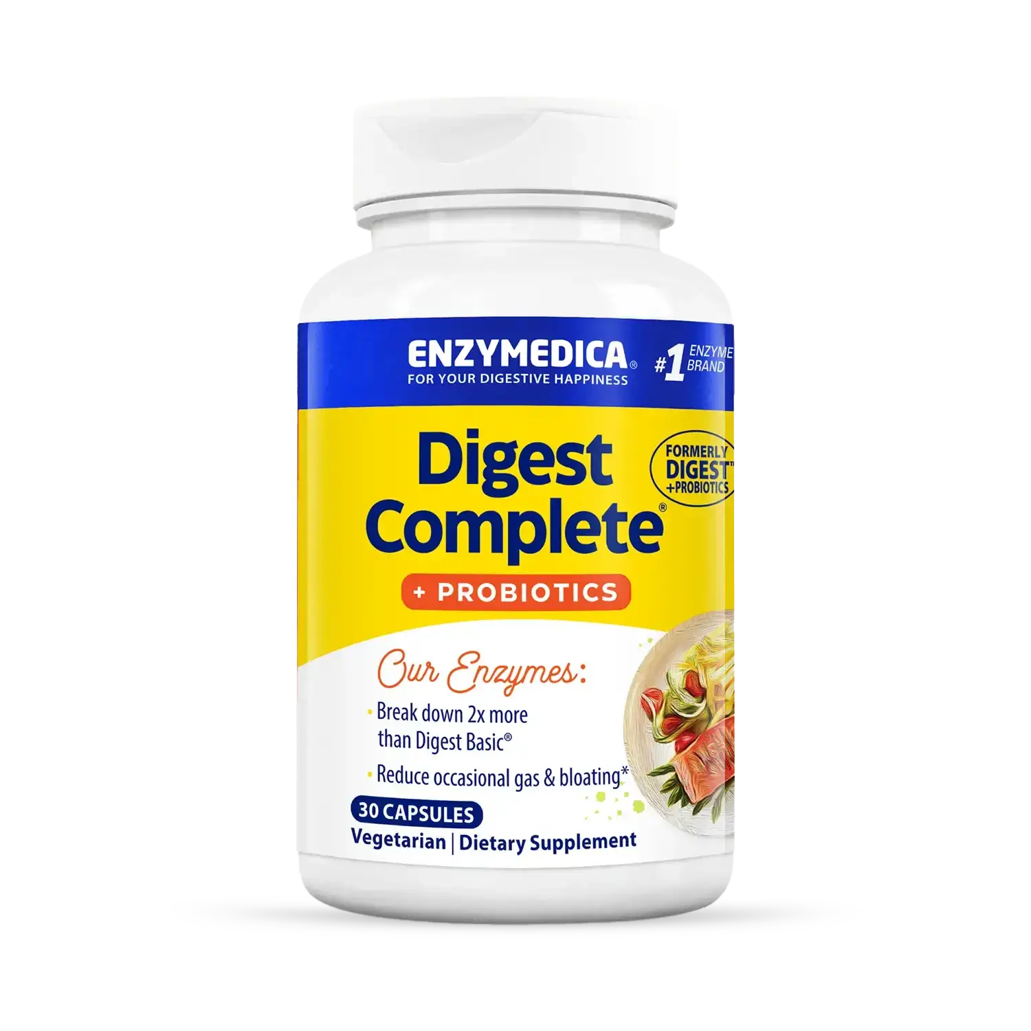 This image shows a bottle of Digest Complete Probiotics that holds 30 capsules.