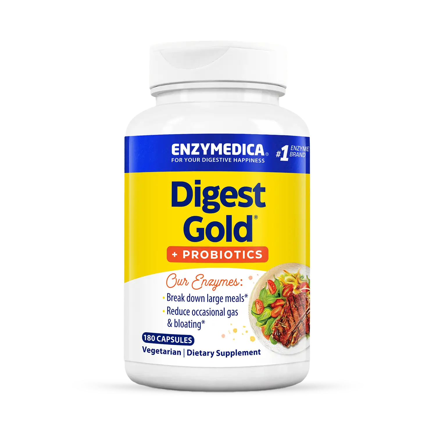 This image shows the 180 capsules bottle for Digest Gold + Probiotics.