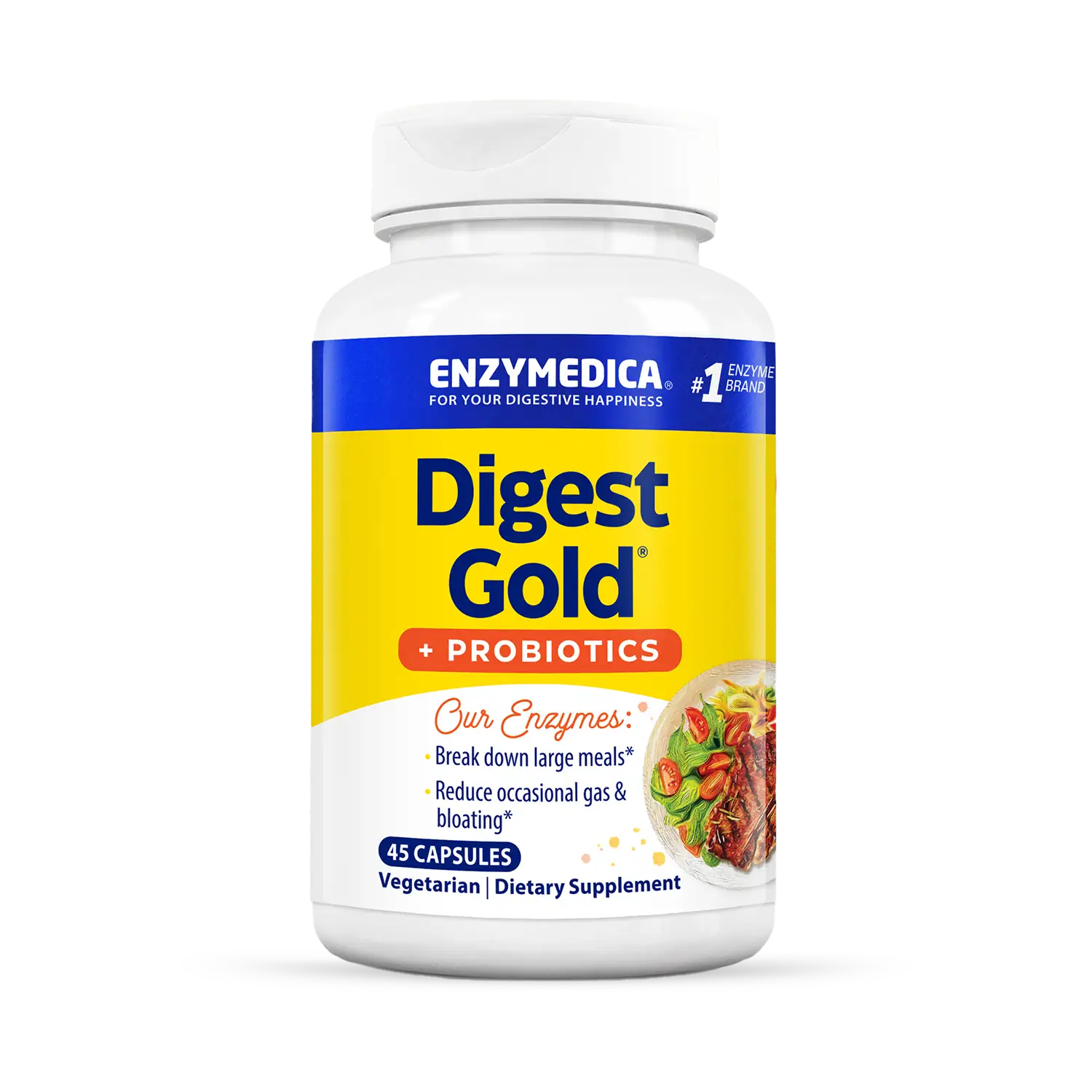 This image shows the 45 capsule bottle of Digest Gold + Probiotics.