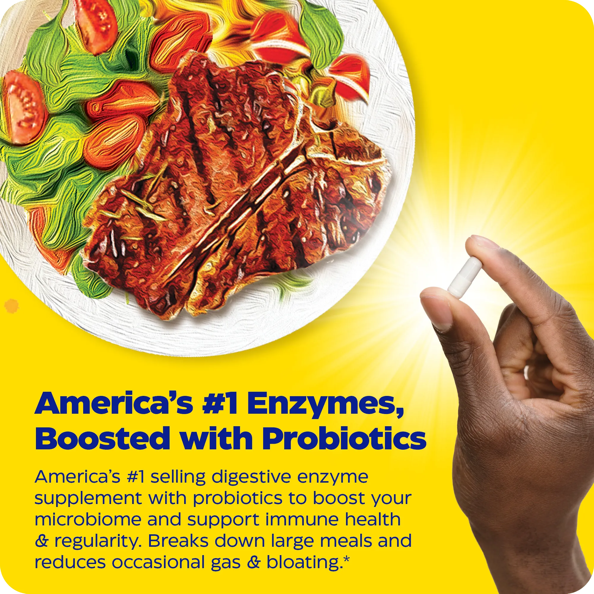 Hand holding a capsule beside plated meal with text promoting America’s #1 enzyme supplement, boosted with probiotics for microbiome, immune health, regularity, and occasional gas and bloating support.