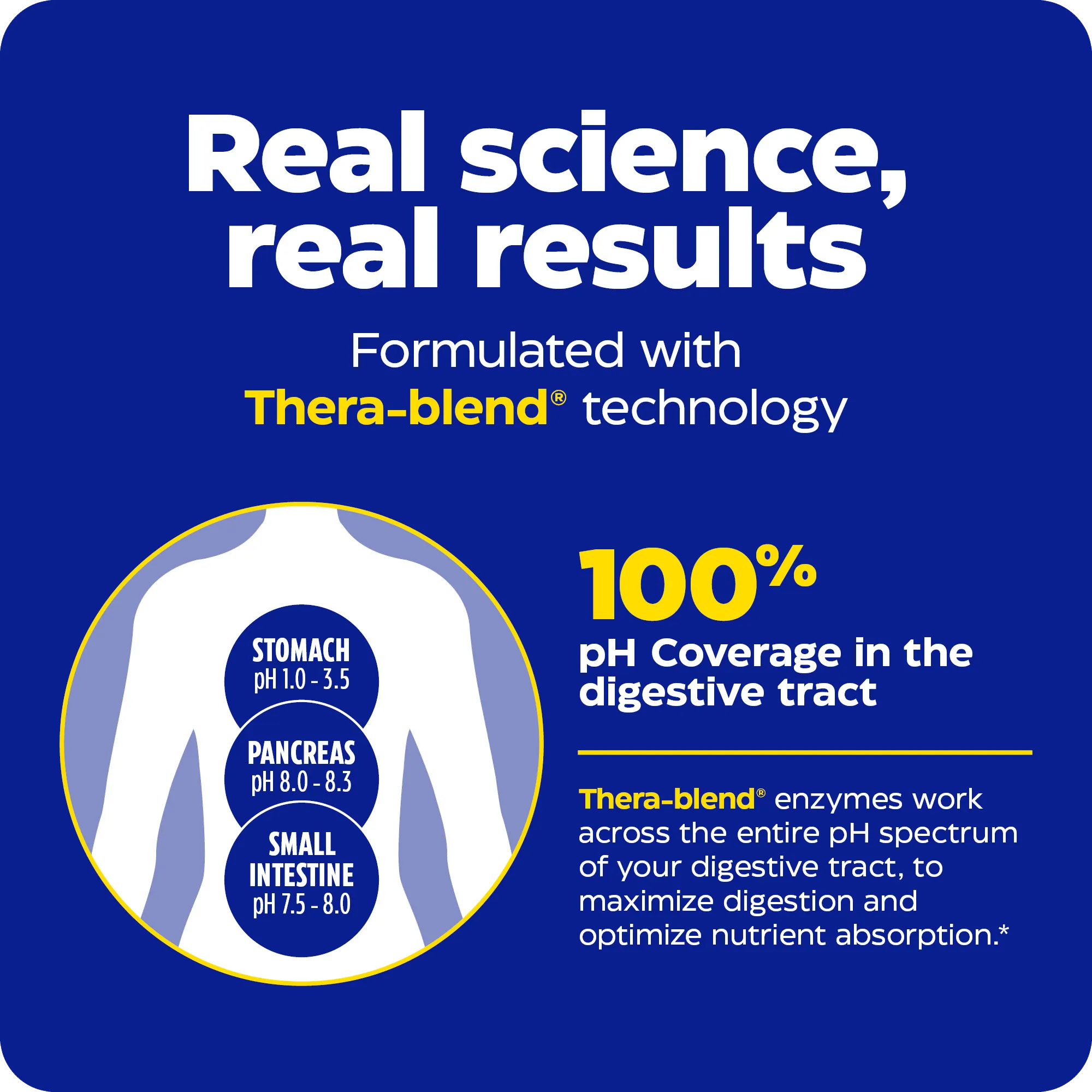 Blue graphic explaining Thera-blend technology with pH coverage across the digestive tract, including stomach, pancreas, and small intestine.