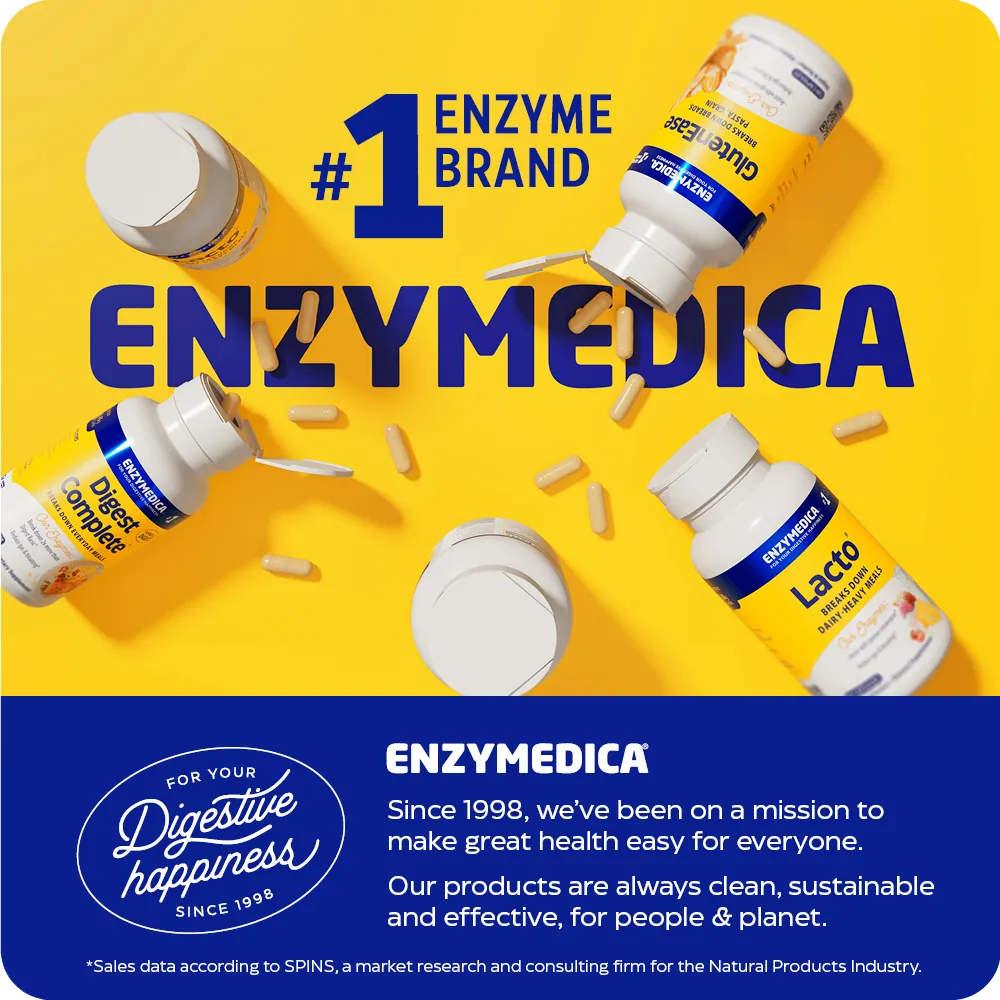 Enzymedica brand graphic with multiple supplement bottles and capsules, featuring #1 enzyme brand message and company mission statement.