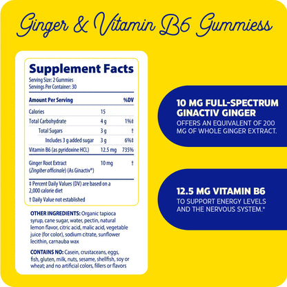 Ginger & Vitamin B6 Gummies supplement facts panel with key benefits callouts