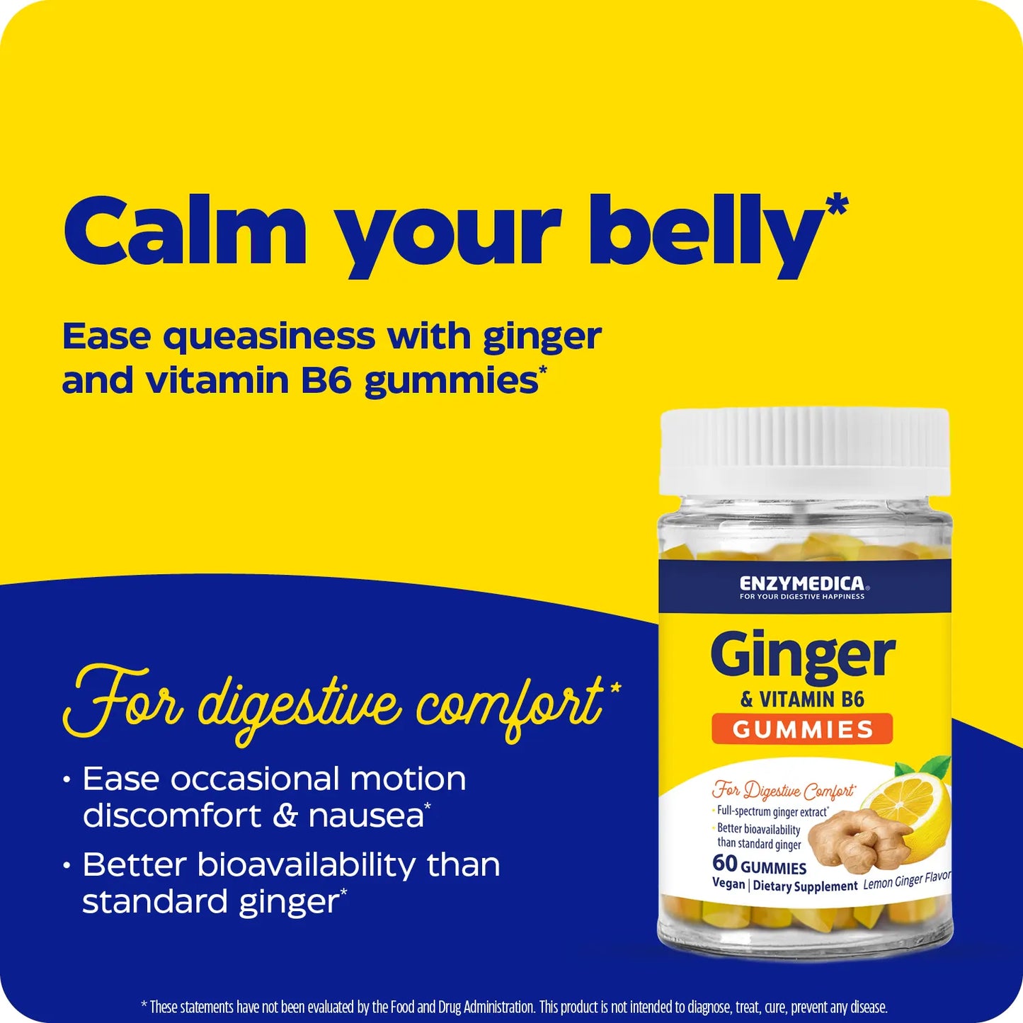 Calm your belly graphic with Ginger & Vitamin B6 Gummies bottle and digestive comfort benefits