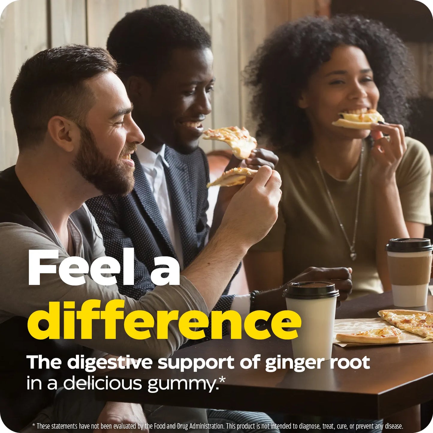 Three friends eating pizza with “Feel a difference” ginger digestive support message