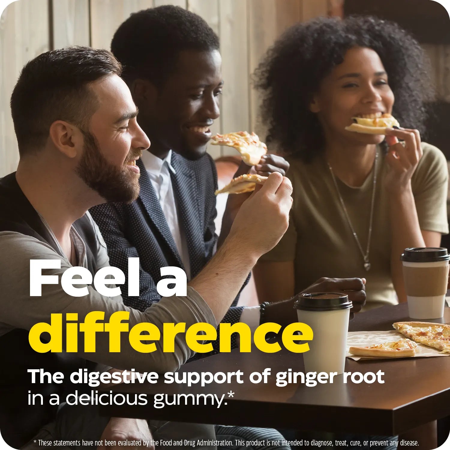 Three friends eating pizza with “Feel a difference” ginger digestive support message