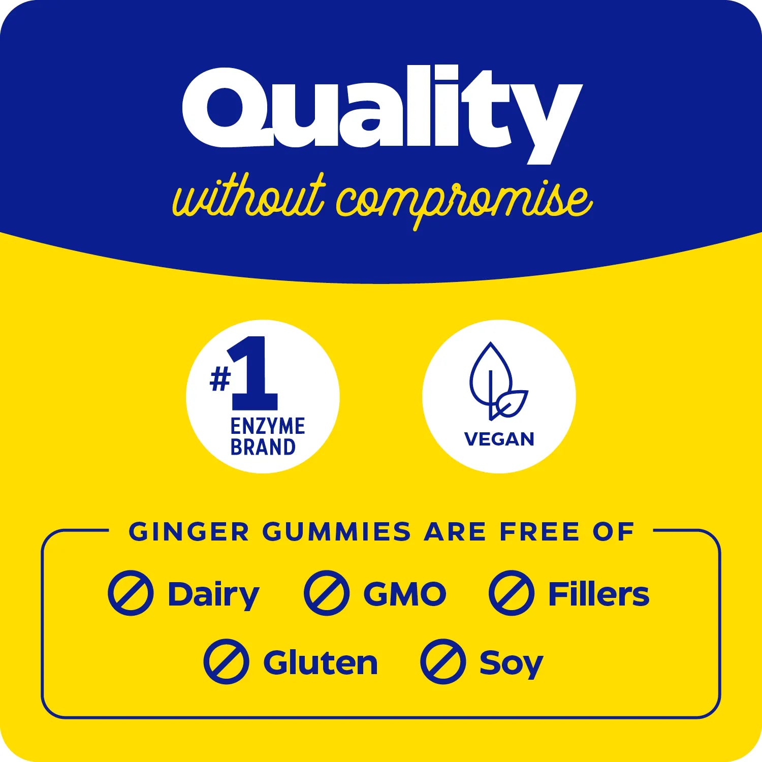 Quality without compromise graphic with #1 enzyme brand and vegan icons plus free-of claims