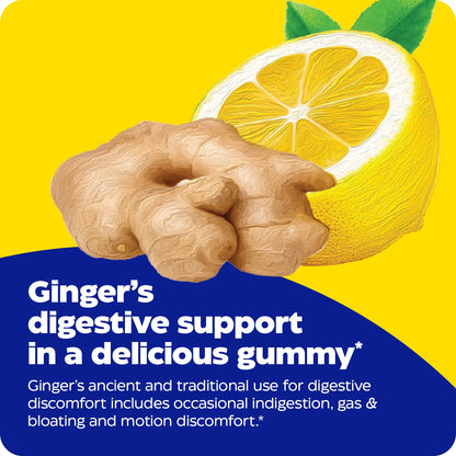 Ginger root and lemon graphic with Ginger digestive support in a delicious gummy message
