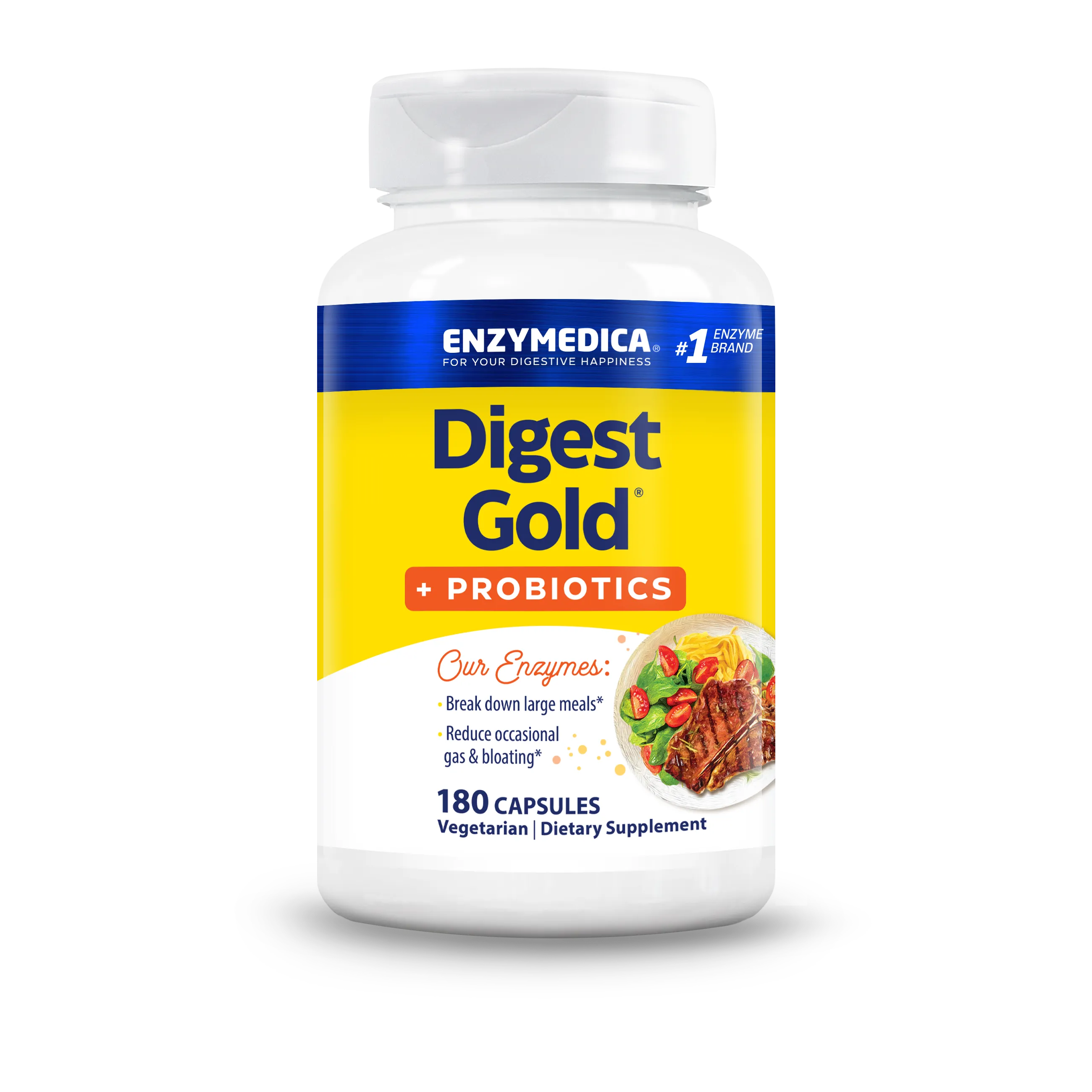 Front bottle shot of Enzymedica Digest Gold + Probiotics, 180 capsules, vegetarian dietary supplement.