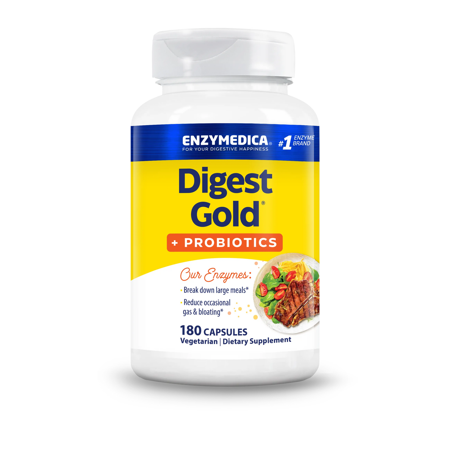 Front bottle shot of Enzymedica Digest Gold + Probiotics, 180 capsules, vegetarian dietary supplement.