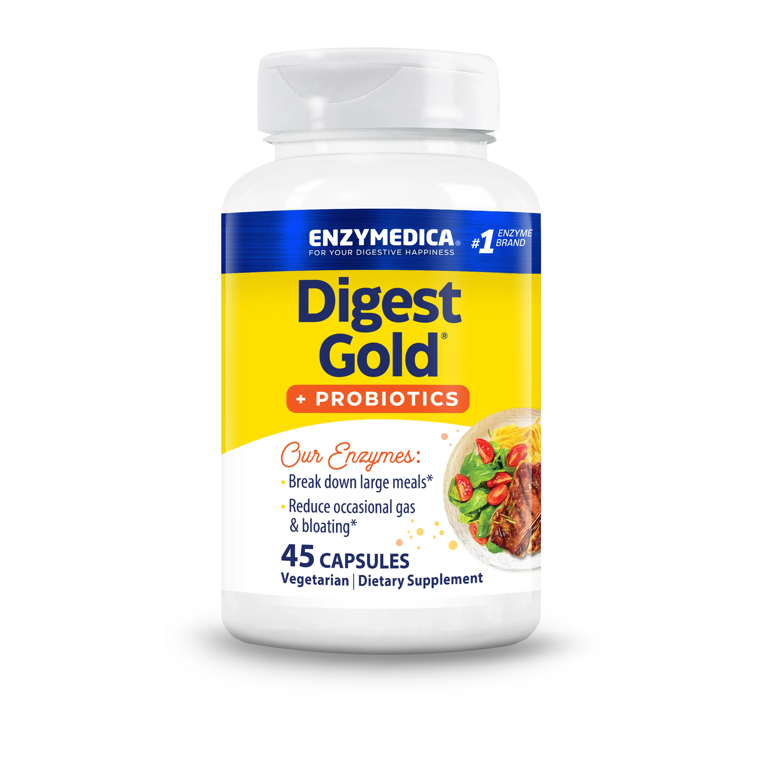 Front bottle shot of Enzymedica Digest Gold + Probiotics, 45 capsules, vegetarian dietary supplement.