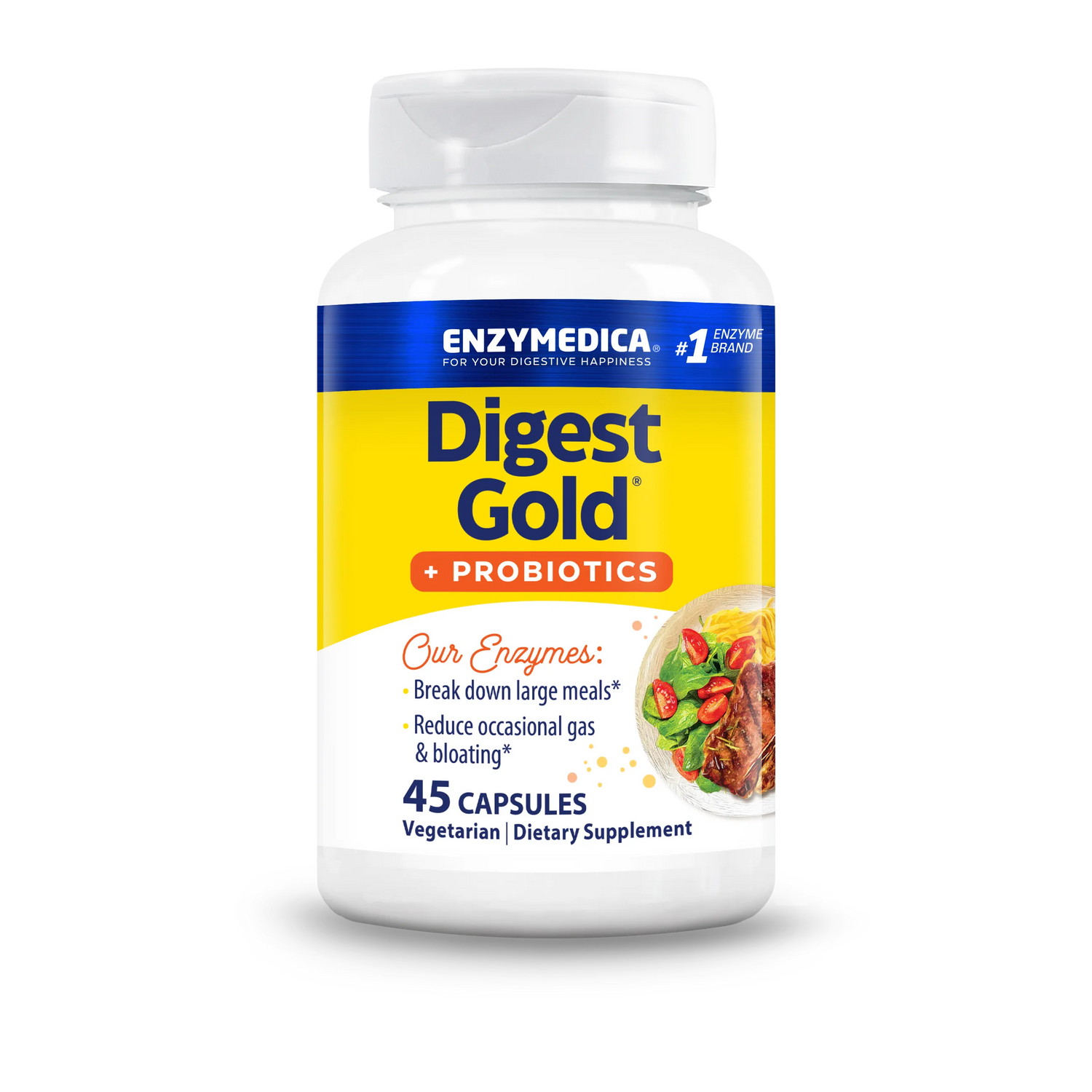 Front bottle shot of Enzymedica Digest Gold + Probiotics, 45 capsules, vegetarian dietary supplement.