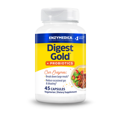 Front bottle shot of Enzymedica Digest Gold + Probiotics, 45 capsules, vegetarian dietary supplement.