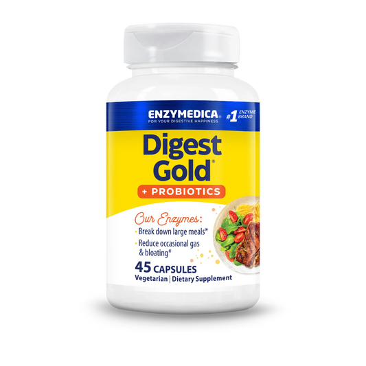 Front bottle shot of Enzymedica Digest Gold + Probiotics, 45 capsules, vegetarian dietary supplement.