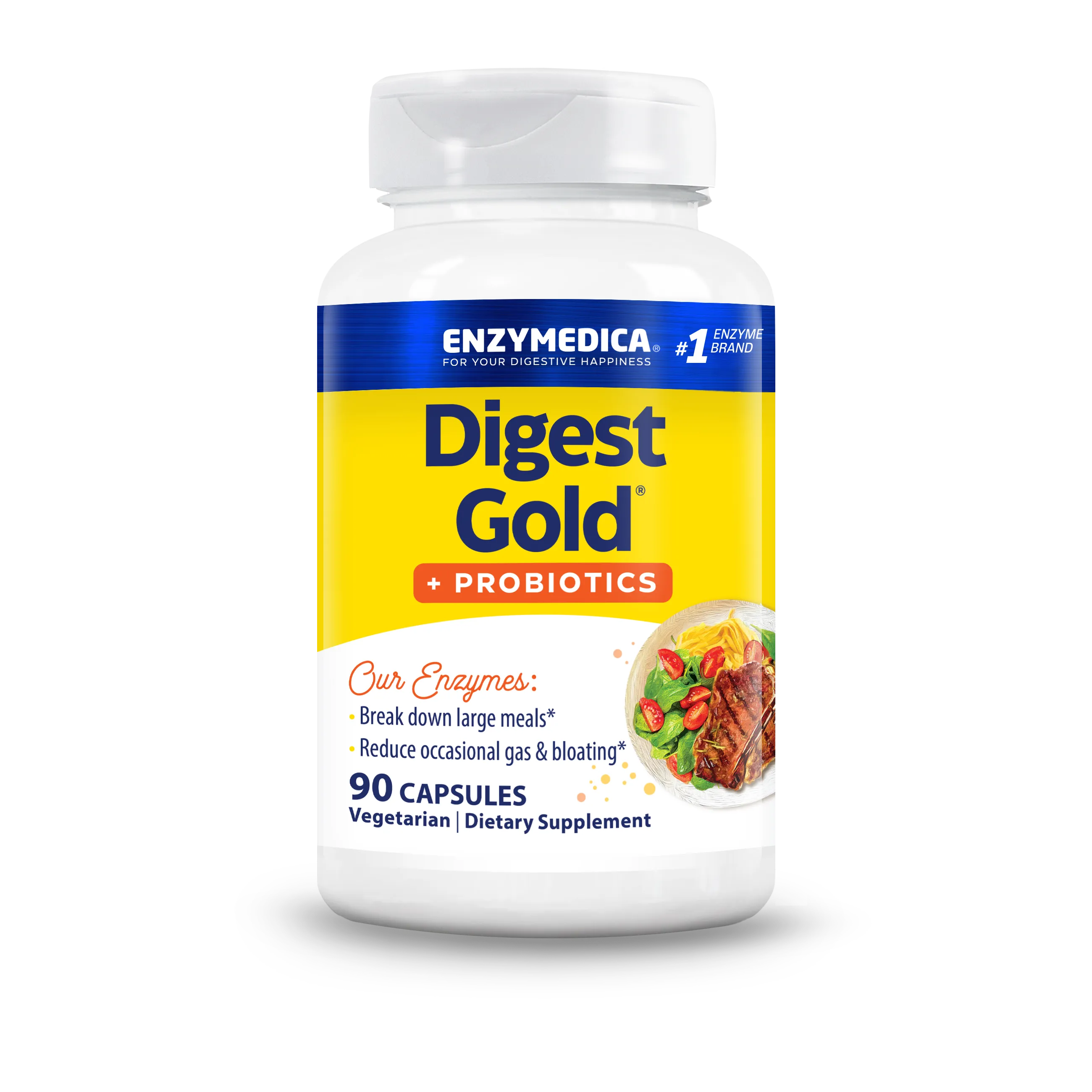 Front bottle shot of Enzymedica Digest Gold + Probiotics, 90 capsules, vegetarian dietary supplement.
