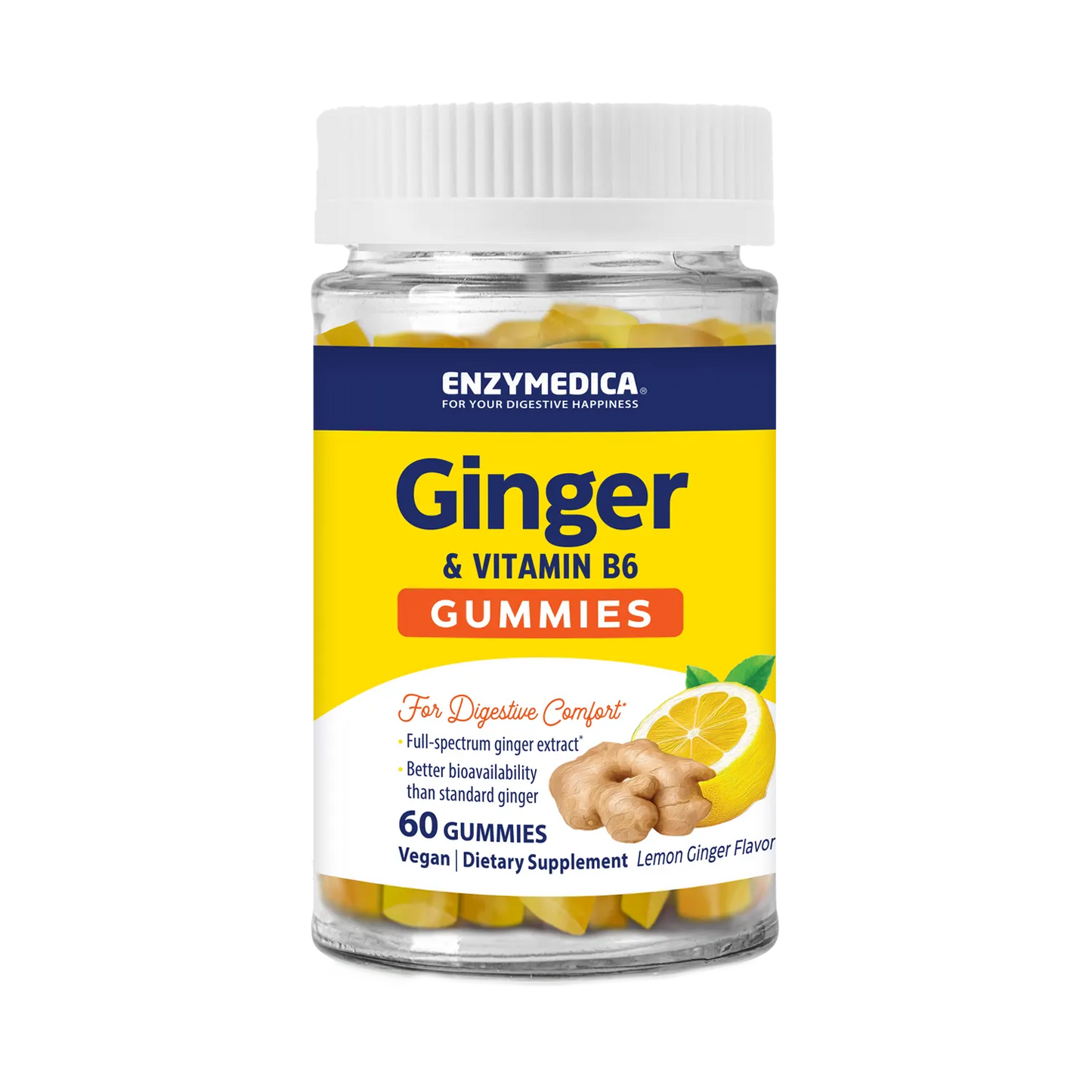 Enzymedica Ginger & Vitamin B6 Gummies bottle on white background, 60 gummies, lemon ginger flavor